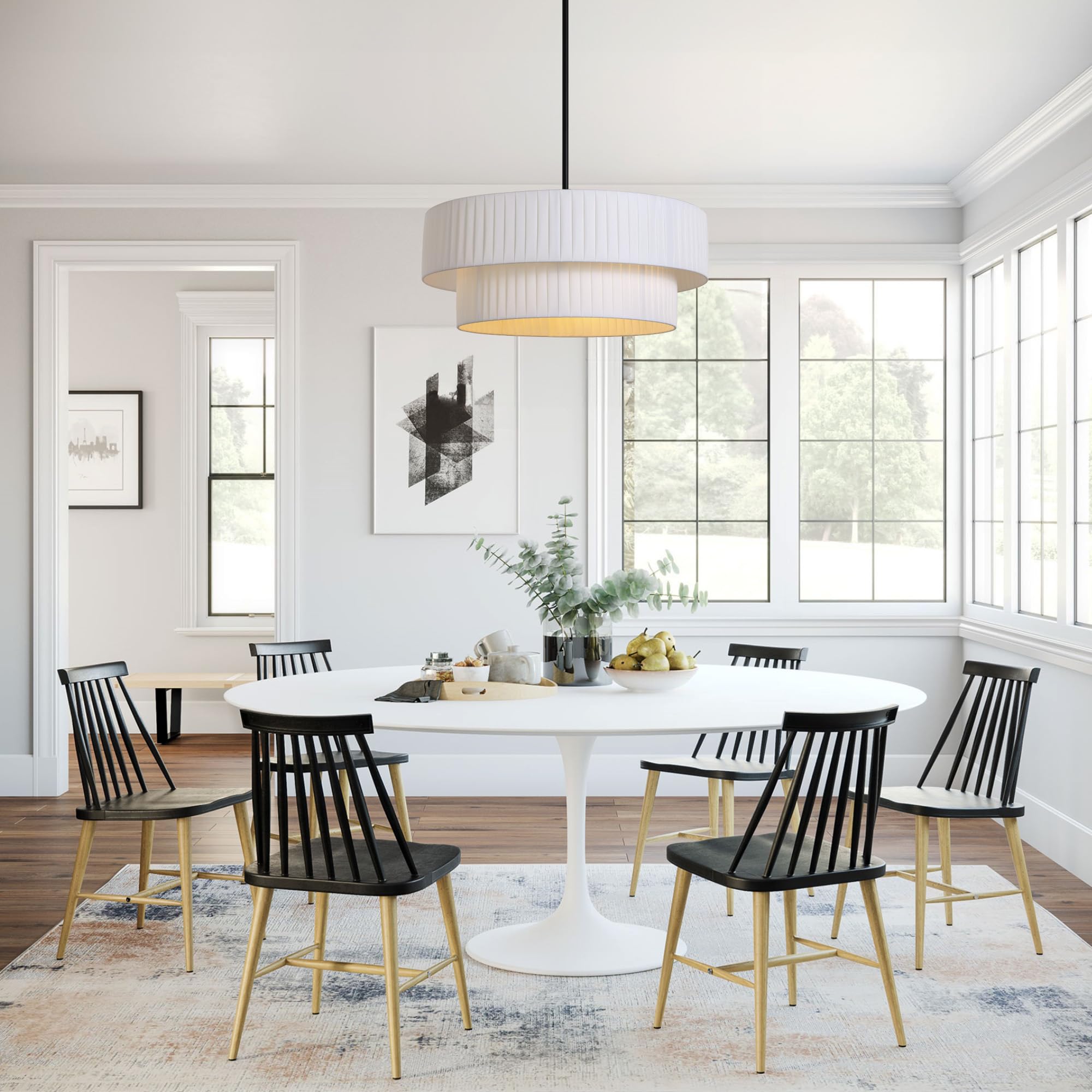Lamqee 20    Modern Drum Chandelier, 2-Tier Semi-Flush Mount Pendant Light Fixtures 3-Light With White Fabric Lampshades, Matte