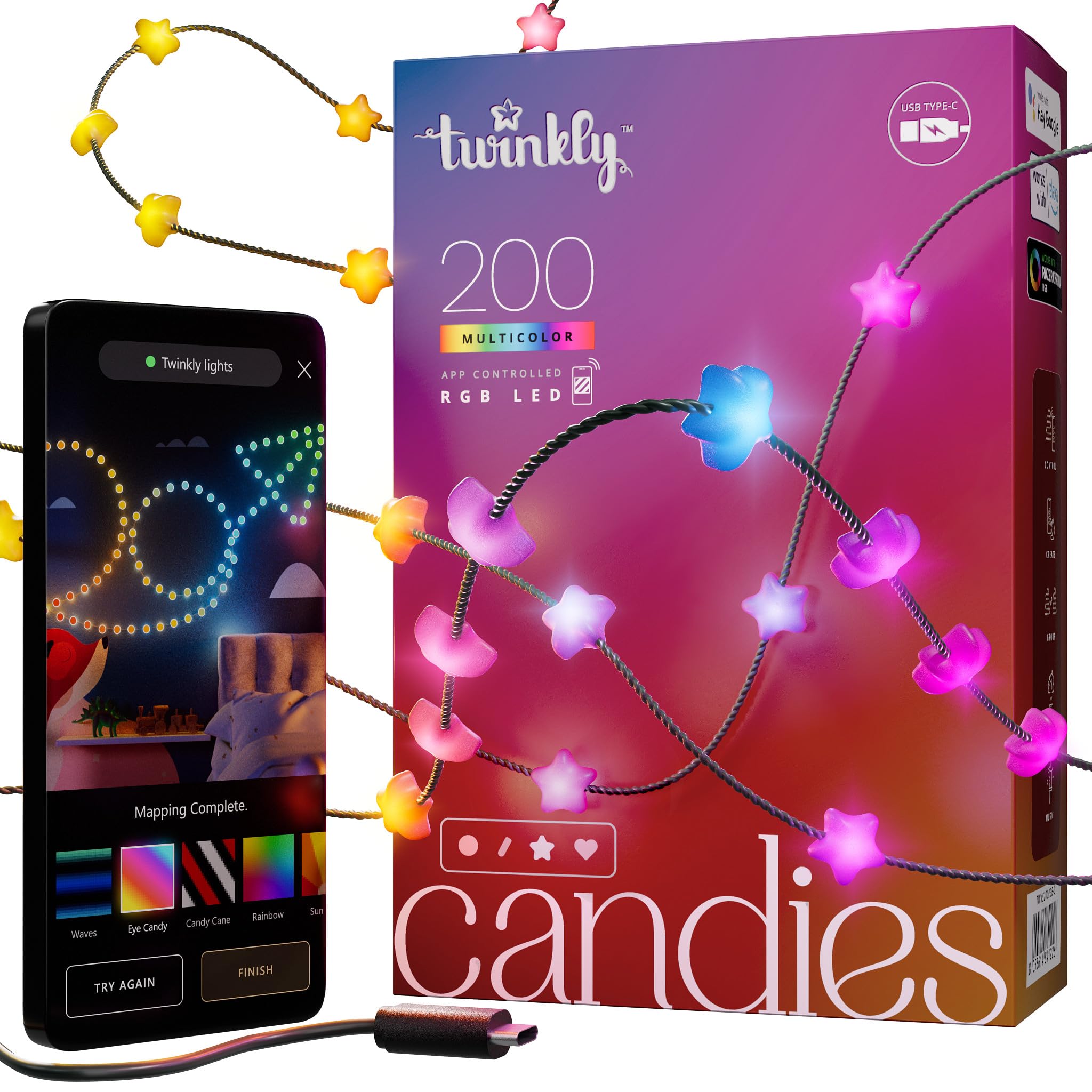 Twinkly Strings USB-C Star 200 LED, Star-Shaped LED Light String, RGB Multicolor LED Lights, Valentines Day Lights, Compatible