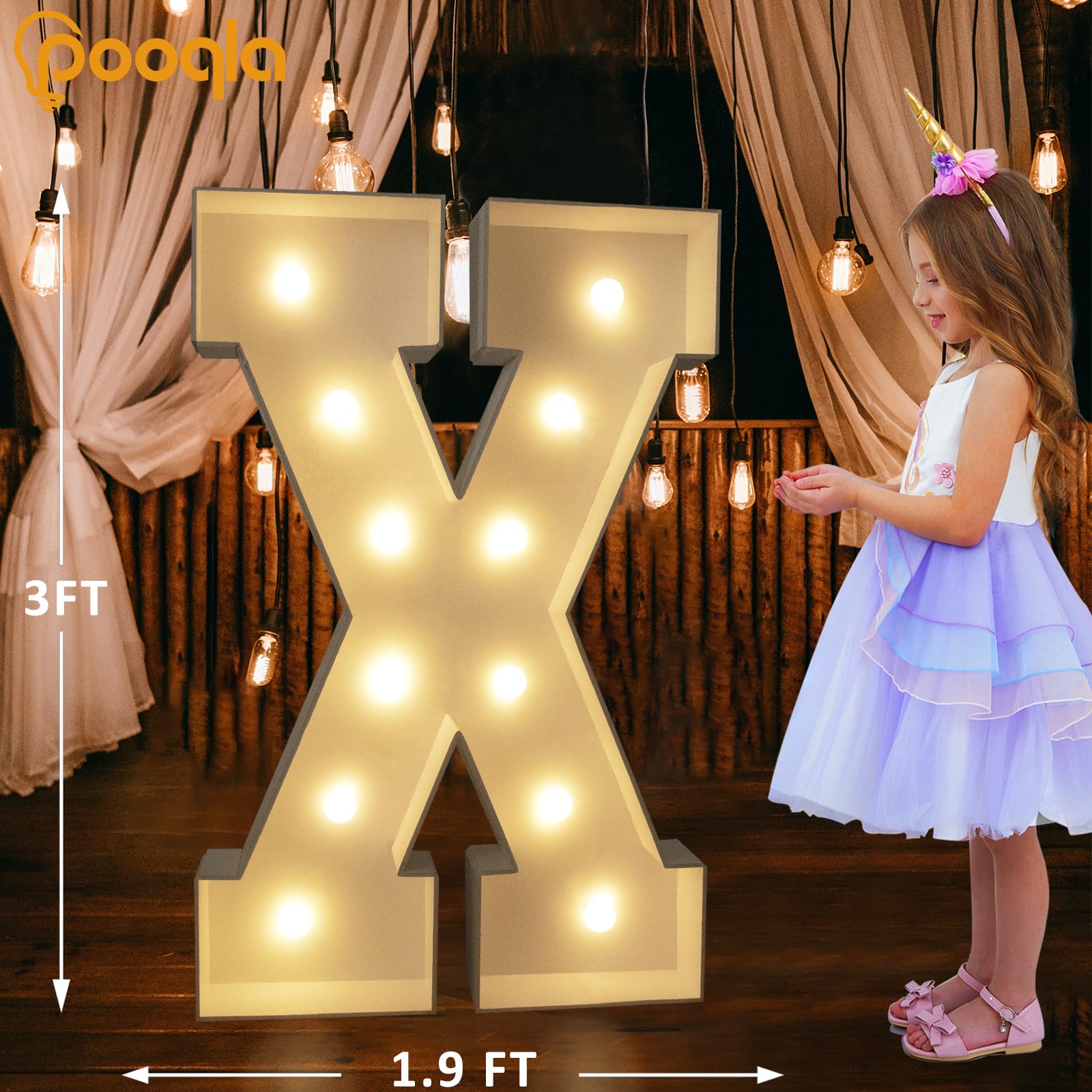 Pooqla 3FT Marquee Light Up Letter X, Cool White & Warm White LED, Giant Sign for Birthday & Wedding Party Decoration
