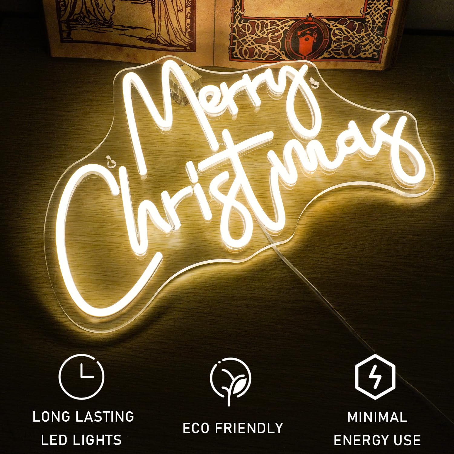 WLHOPE Merry Christmas Neon Sign, Dimmable LED Wall Decor, 12.6x16.14in, Warm White Acrylic