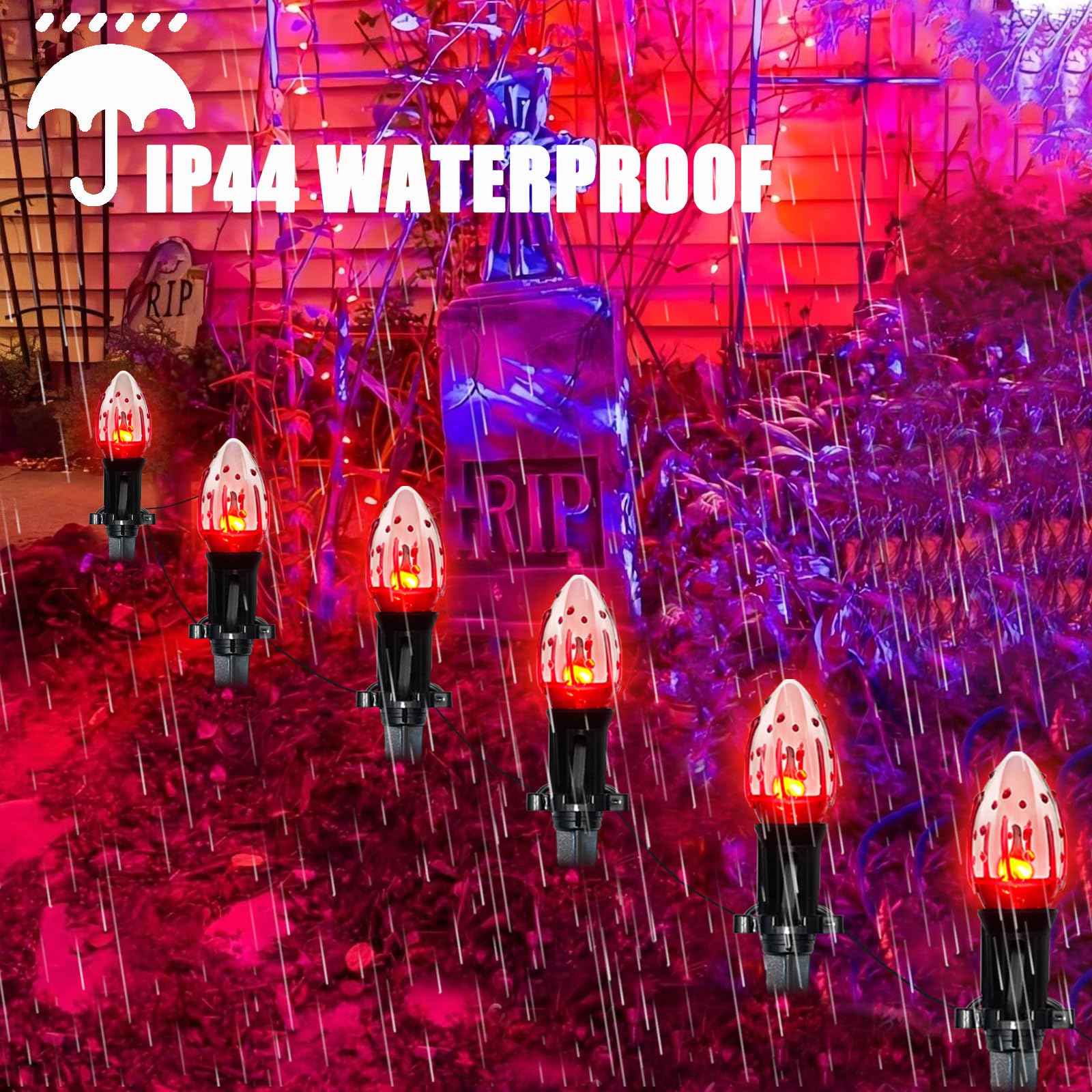 C9 Halloween Pathway Lights Outdoor, 38Ft Halloween Blood Teardrop Pathway String Lights With 25 C9 Flicker Flame Lights, Hallow