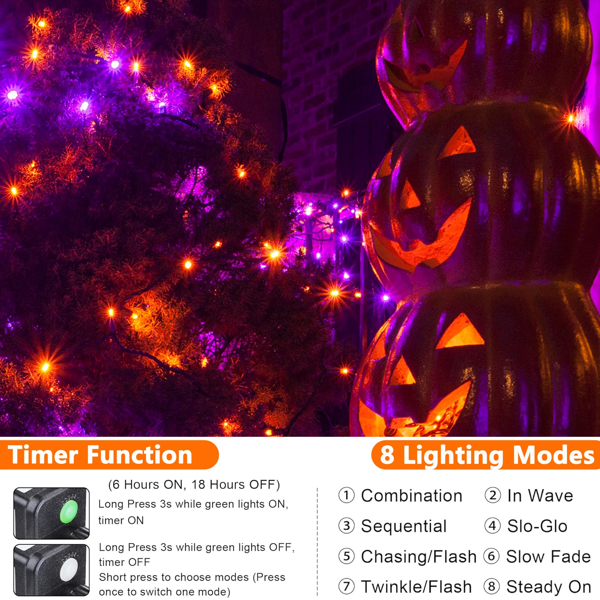 Joomer 500 Led Halloween String Lights - Orange Purple, Waterproof, 8 Modes, 174Ft, Perfect For Indoor Outdoor Decorations