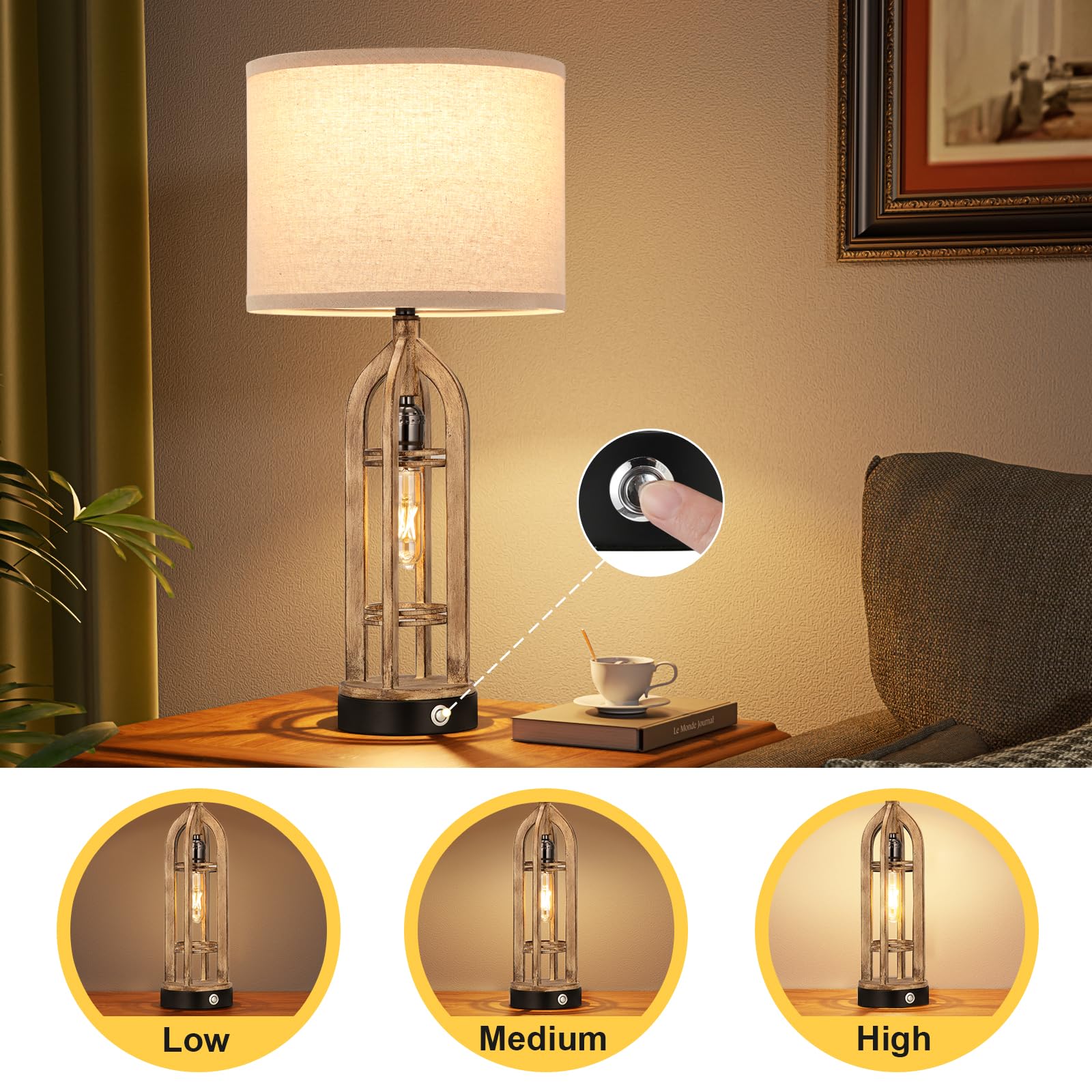 Seealle Table Lamp Set of 2 - 3-Way Dimmable Touch Lamps, D. Oat Shade & Wood-like Body, Model 09164, Farmhouse Design for Living Room