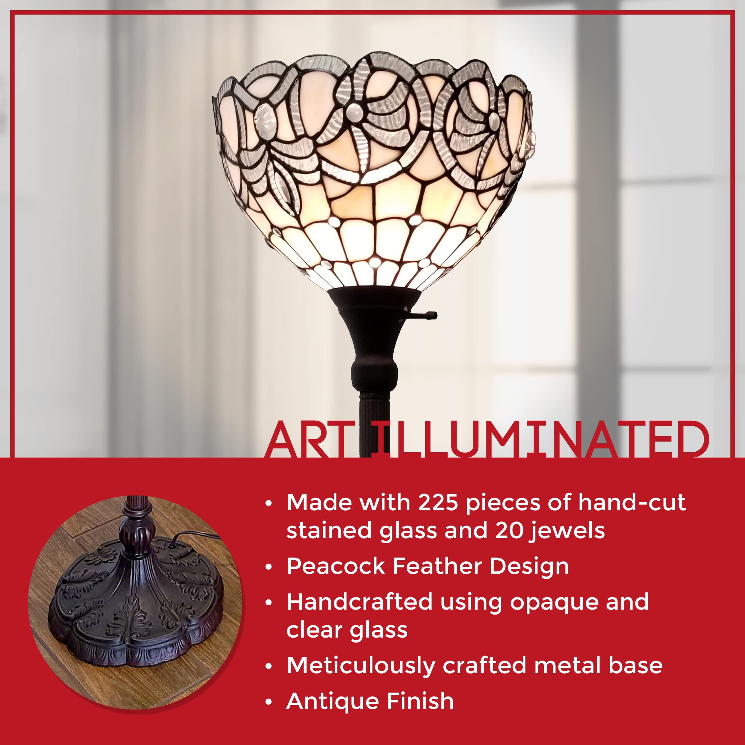 Amora Tiffany Floor Lamp Torchiere - Vintage Standing Light Floor Lamp - 72  Peacock Floor Stained Glass Lamp - Tiffany Floor Lamps For Living Room