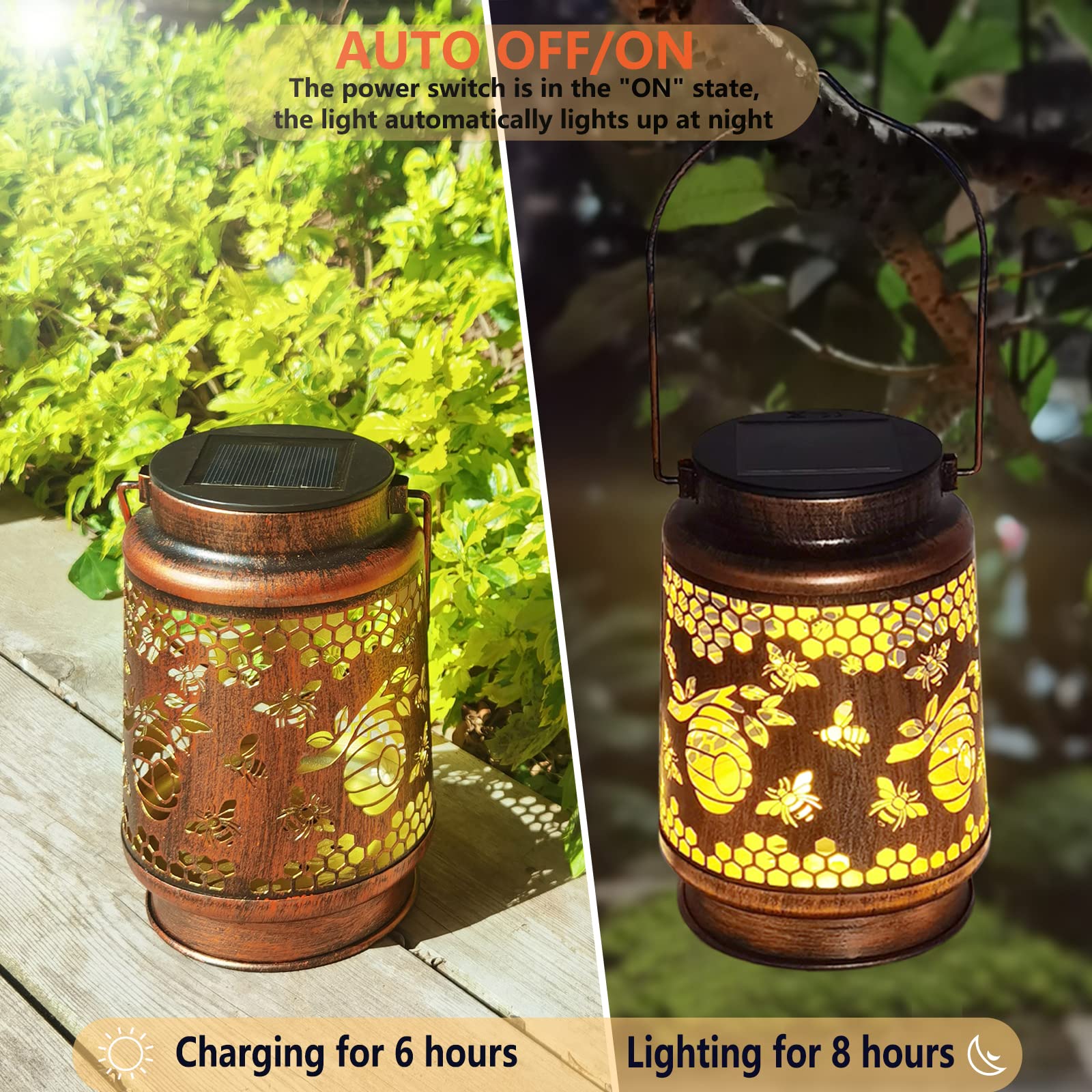 Aitenisen Bronze Solar Lanterns - Waterproof Metal Honeybee Decor For Patio & Garden