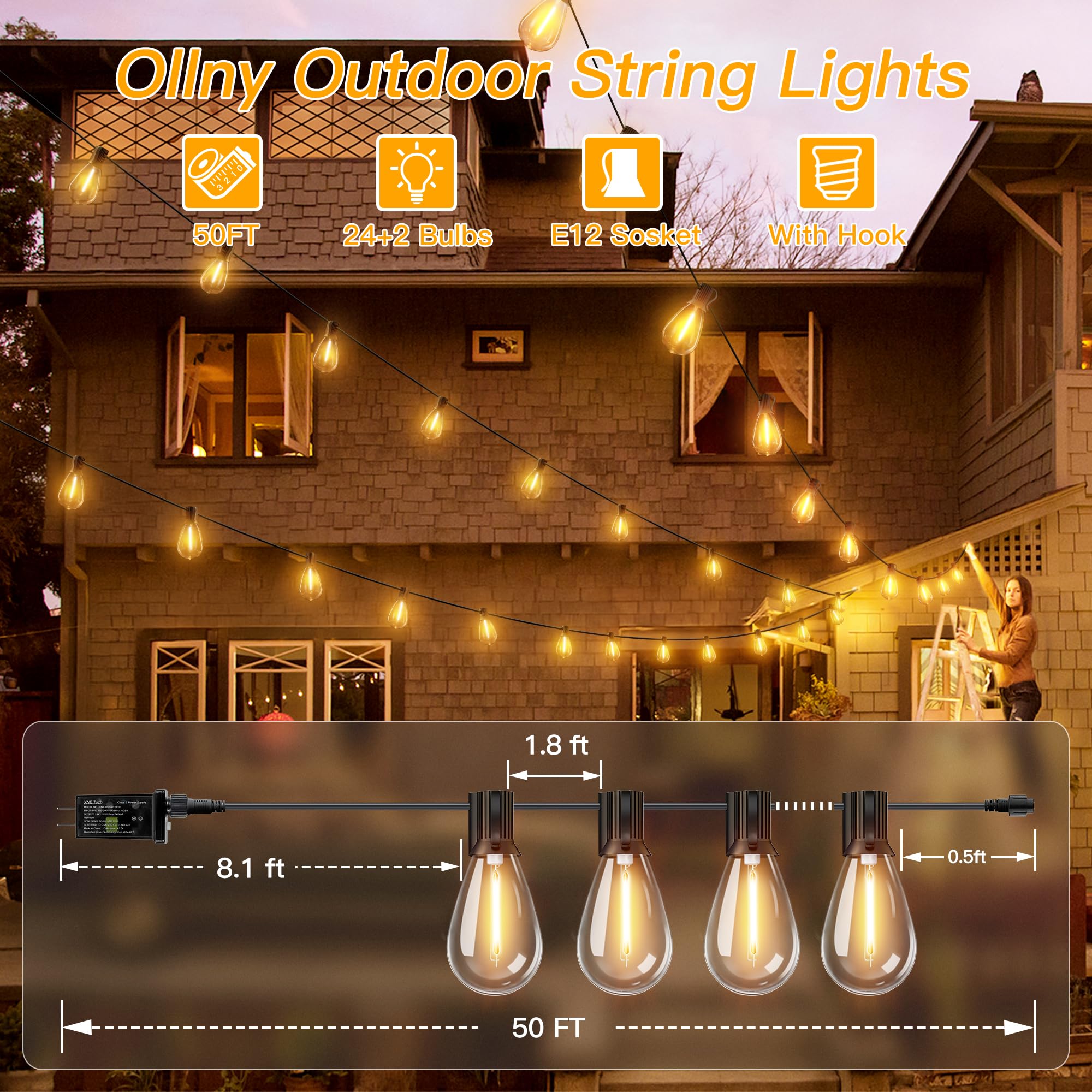 Ollny S11 50FT Outdoor String Lights, Warm White, Waterproof, Remote, 3 Modes, 24+2 Spare Bulbs, Model NYC024B
