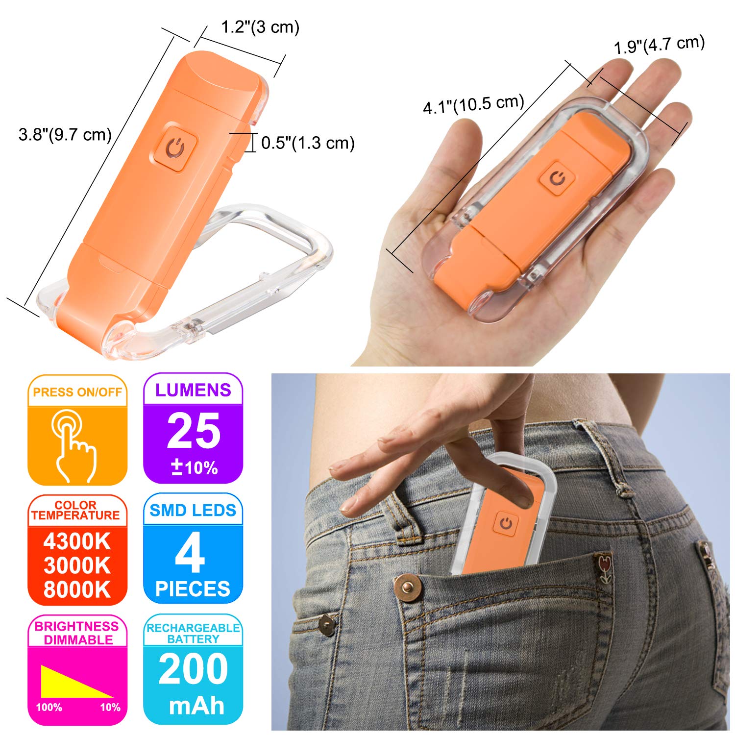 HONWELL Rechargeable Clip On LED Reading Light, 3 Brightness Levels, Portable Bookmark Lamp, Orange, Model H008YW-O