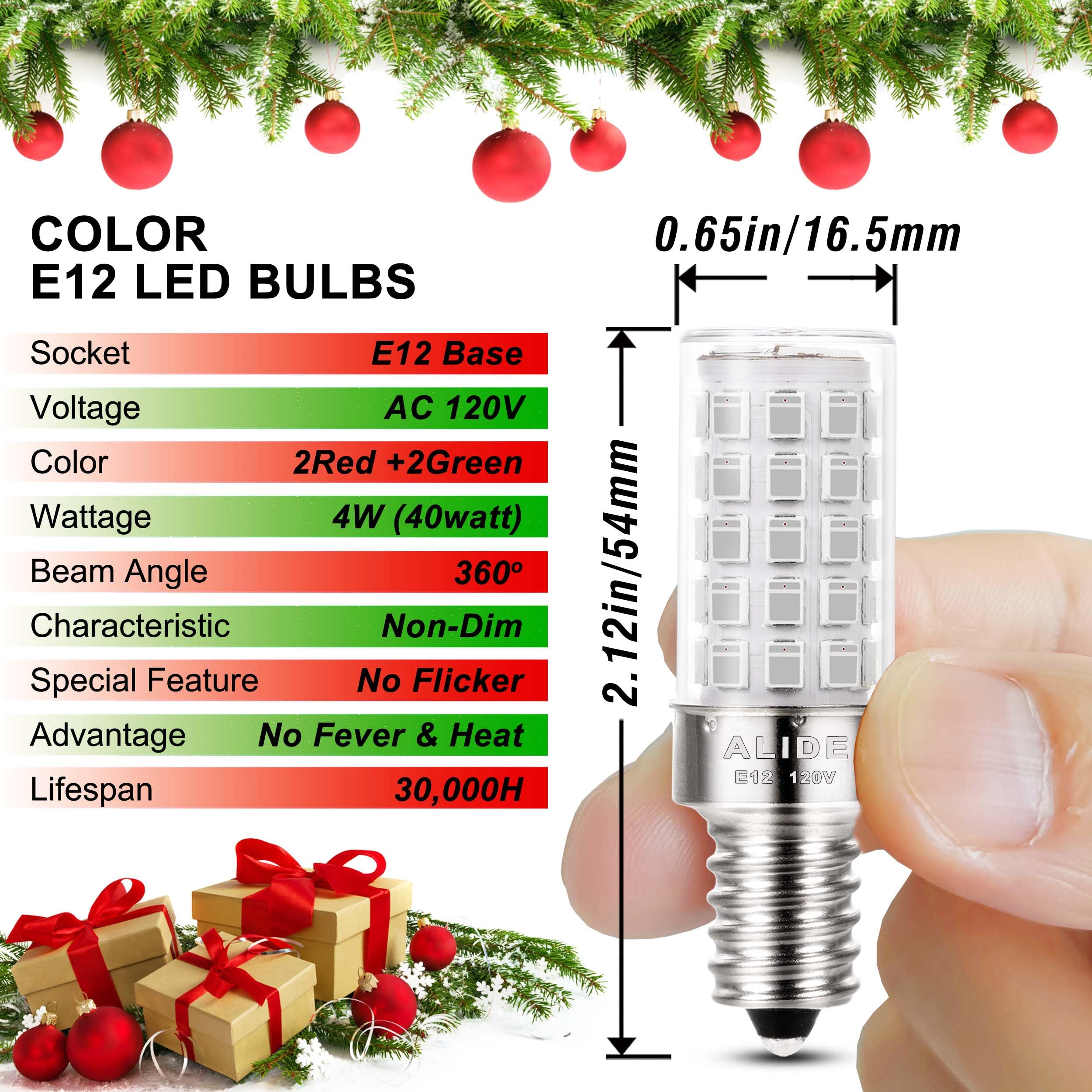 ALIDE E12 LED Candle Light Bulb 4W, 40W Equivalent, Red Green, 4-Pack for Christmas Party Decoration
