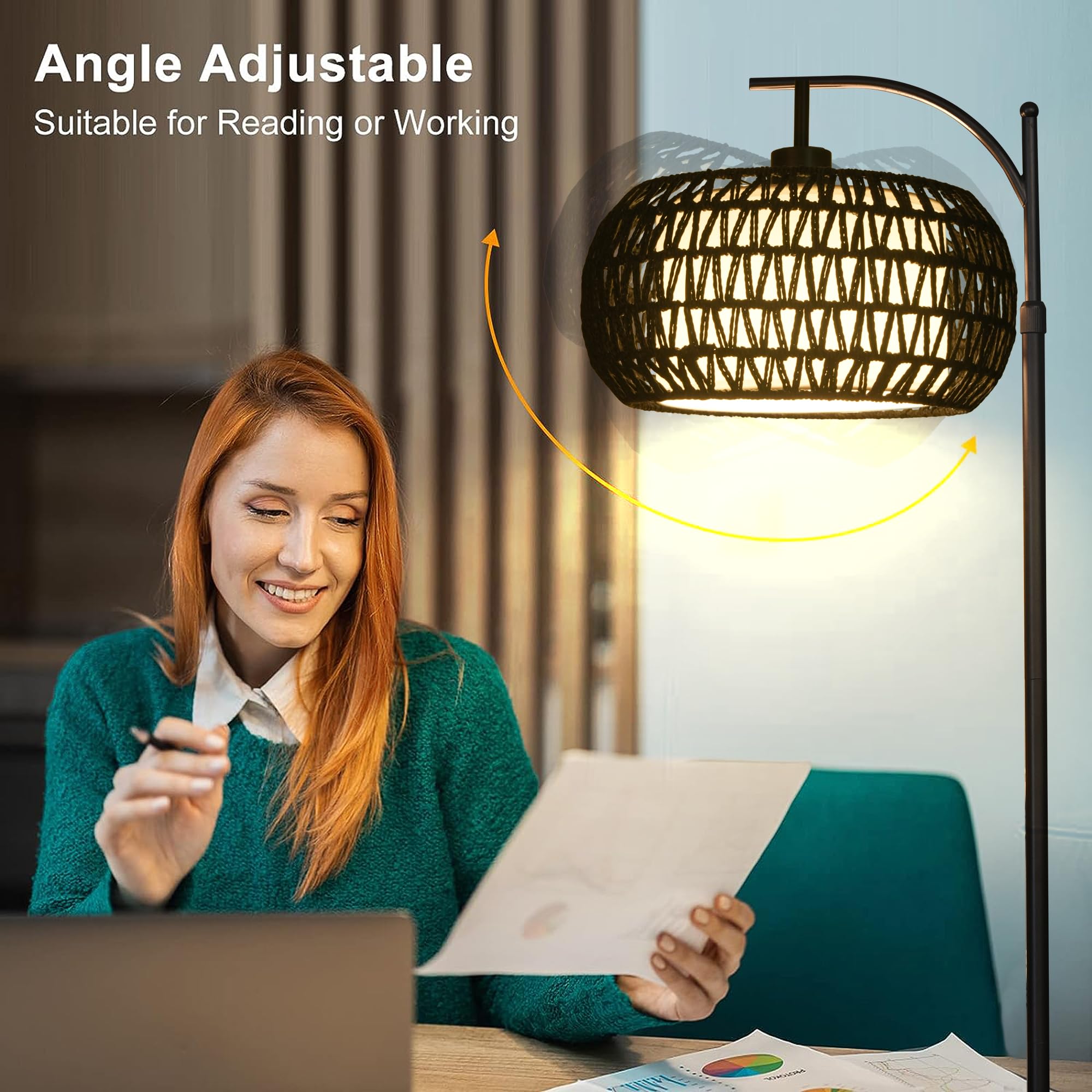 Zecoxol Arc Floor Lamp With 3 Color Temperatures,Black Floor Lamp With Remote Control, Boho Standing Lamp With Rattan Wicker Sha