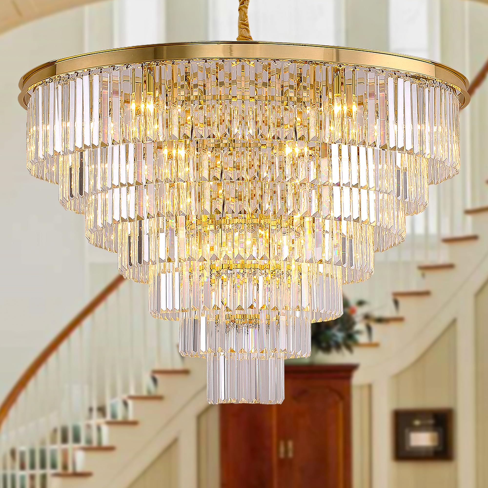 Meelighting Gold Crystal Chandelier Lighting Modern Contemporary Empress Chandeliers Pendant Ceiling Lamp Light Fixture 7-Tier For Dining Living Room Hotel 24 Lights W39.4