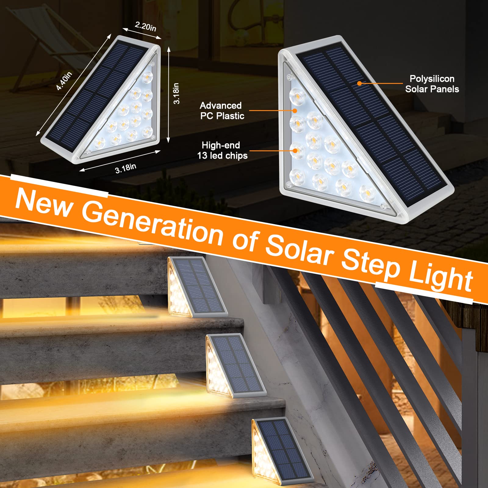 AUDLES Solar Step Lights 8 Pack, Waterproof IP67, Warm White Polycrystalline, Outdoor Decor for Deck, Yard, Garden, Pathway, Porch