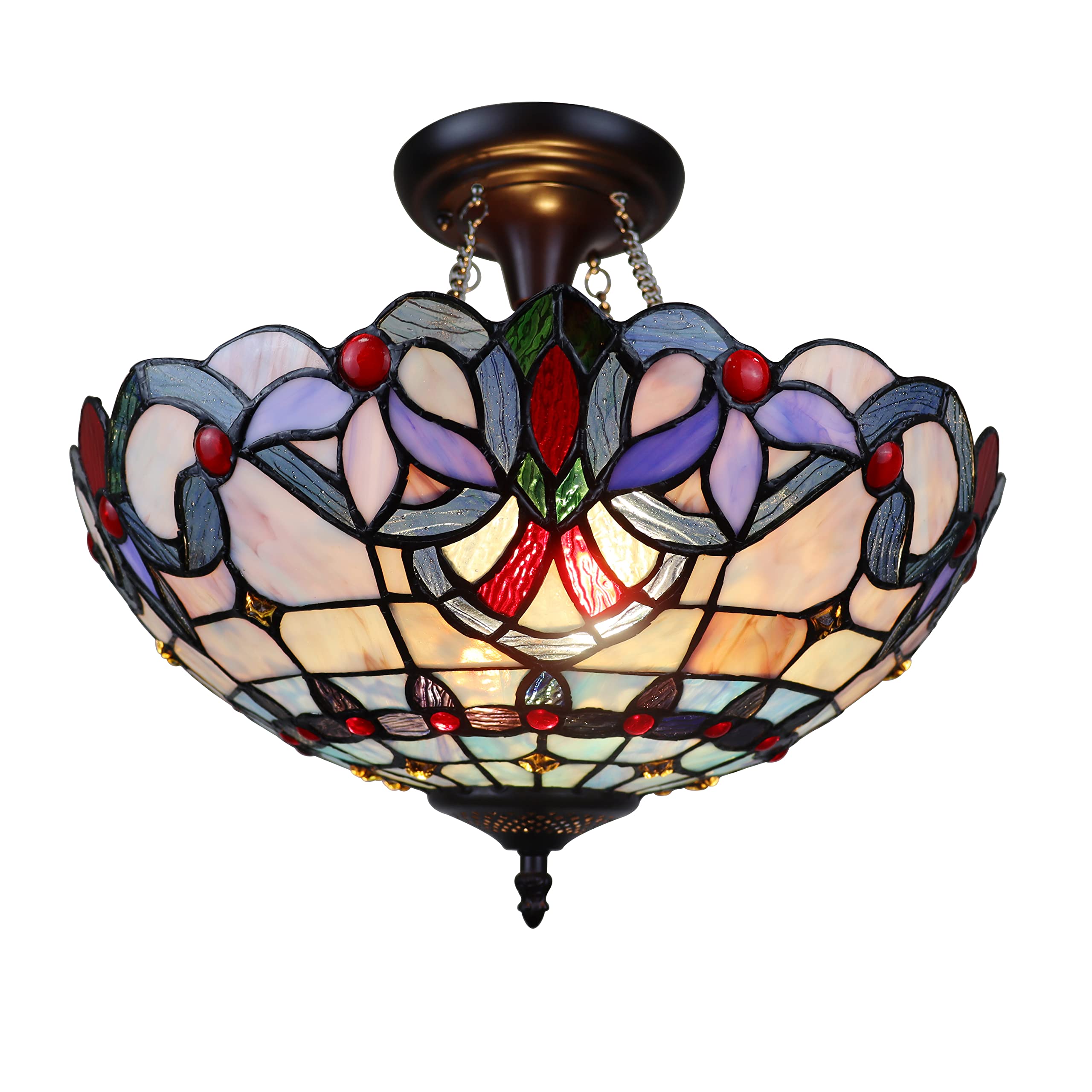 Chloe Lighting 2-Light Semi-Flush Ceiling Fixture, Victorian Tiffany-Style, 16in Wide, Dark Bronze, Multicolor, Model CH3T381VB16-UF2