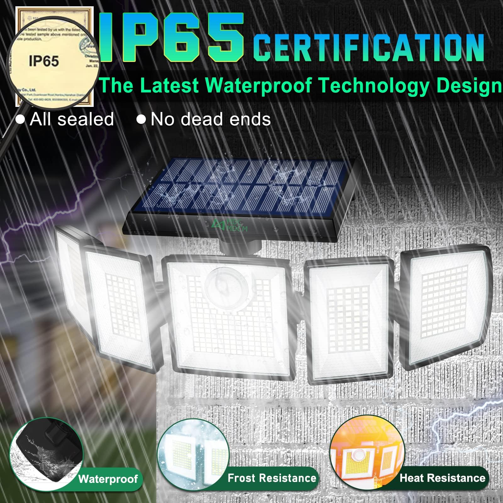 MDCMDCM Solar Outdoor Lights - 416 LEDs, 3000 Lumens, Motion Sensor, Waterproof, 3 Pack, Black
