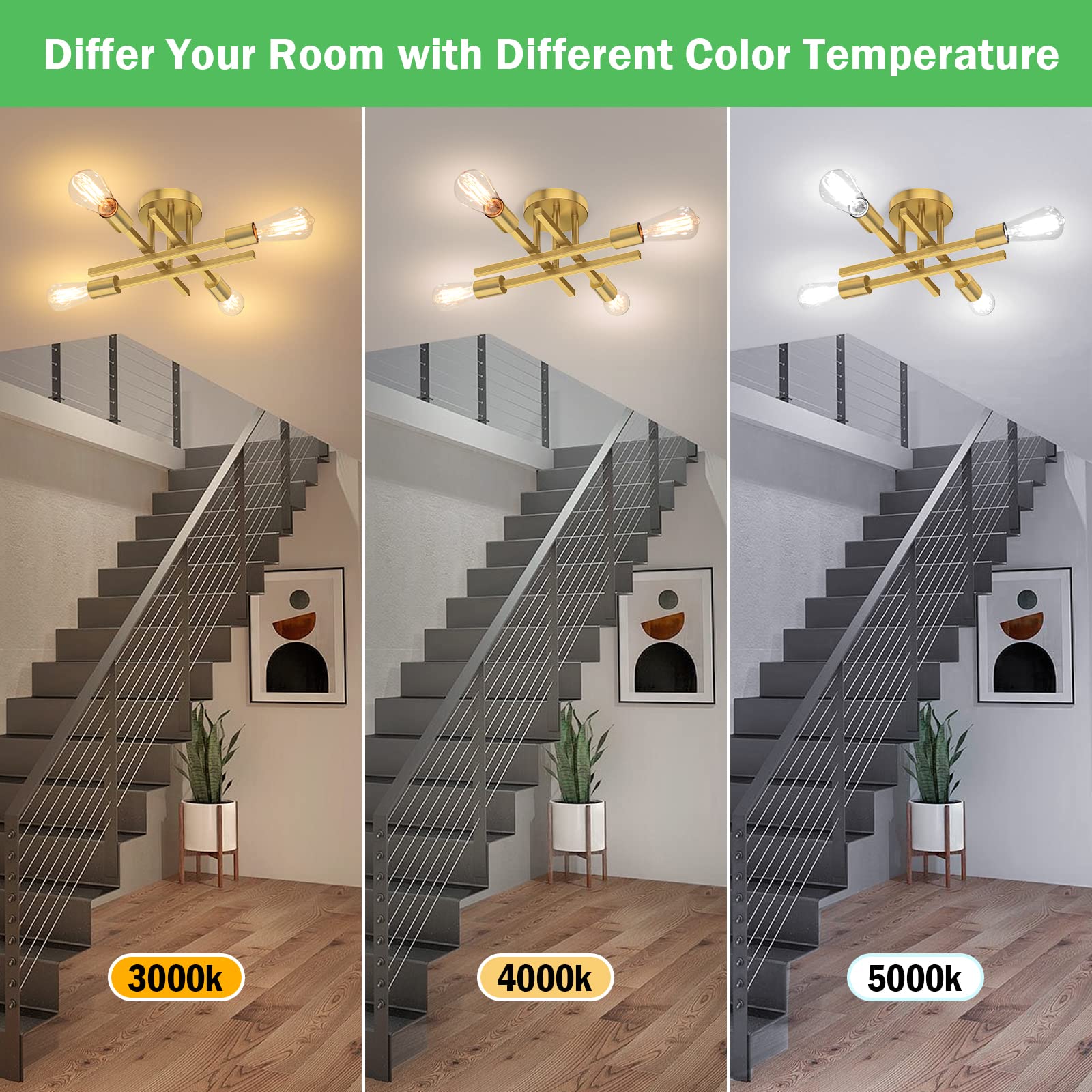 Gold Semi Flush Mount Ceiling Light Fixture, 4-Light Modern Industrial Sputnik Chandelier Light Fixture, Flush Mount Ceiling Lam