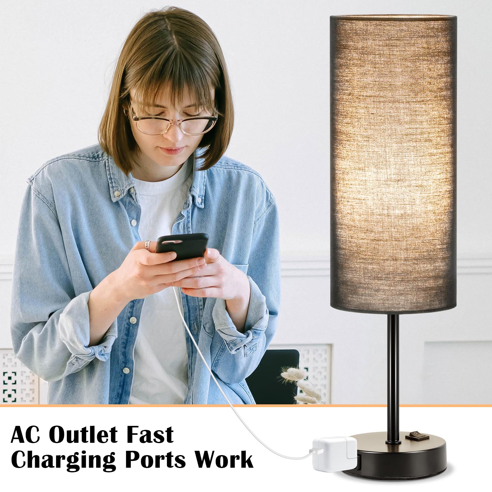 Zjojo Table Lamp For Bedroom 2 Pack,18In Bedside Lamps With 3 Way Dimmable Rocker Switch & Ac Outlet,Nightstand Desk Lamp With B