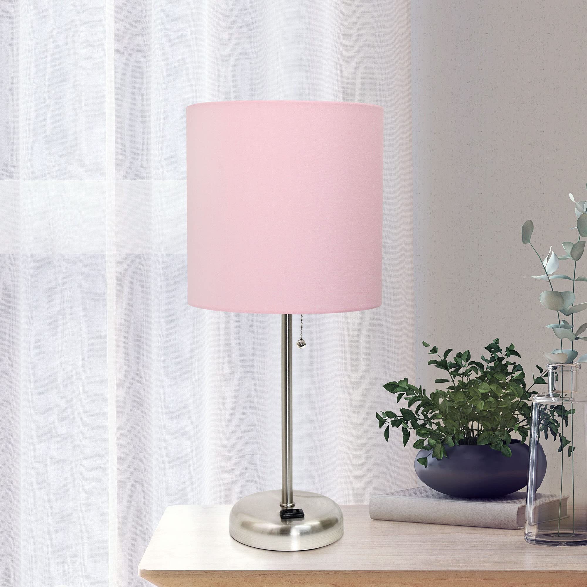 Creekwood Home 19.5&quot; Brushed Steel Table Lamp With Light Pink Shade - Contemporary Design