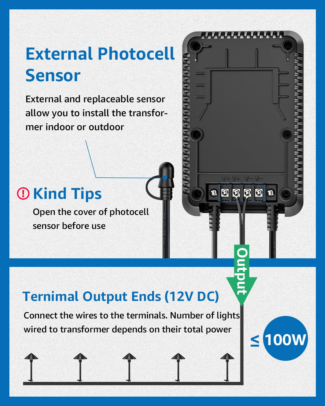 SUNVIE 100W Low Voltage Landscape Transformer with Photocell & Timer, Black, Model LVTMH100W, Weatherproof for Outdoor Lighting