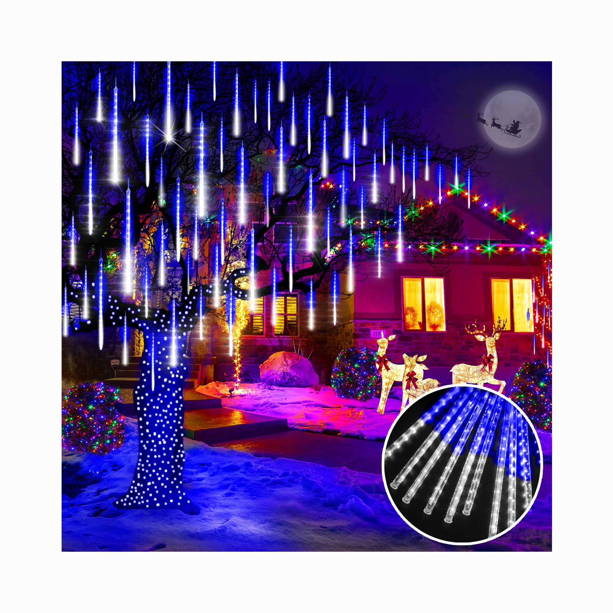 Knonew 2Pack Total 48 Tube Meteor Shower Lights 15 In 672 Leds Christmas Lights Outdoor Waterproof Plug In Falling Rain Light For Xmas Tree Wedding Party Garden Decorations (Blue And Cool White)