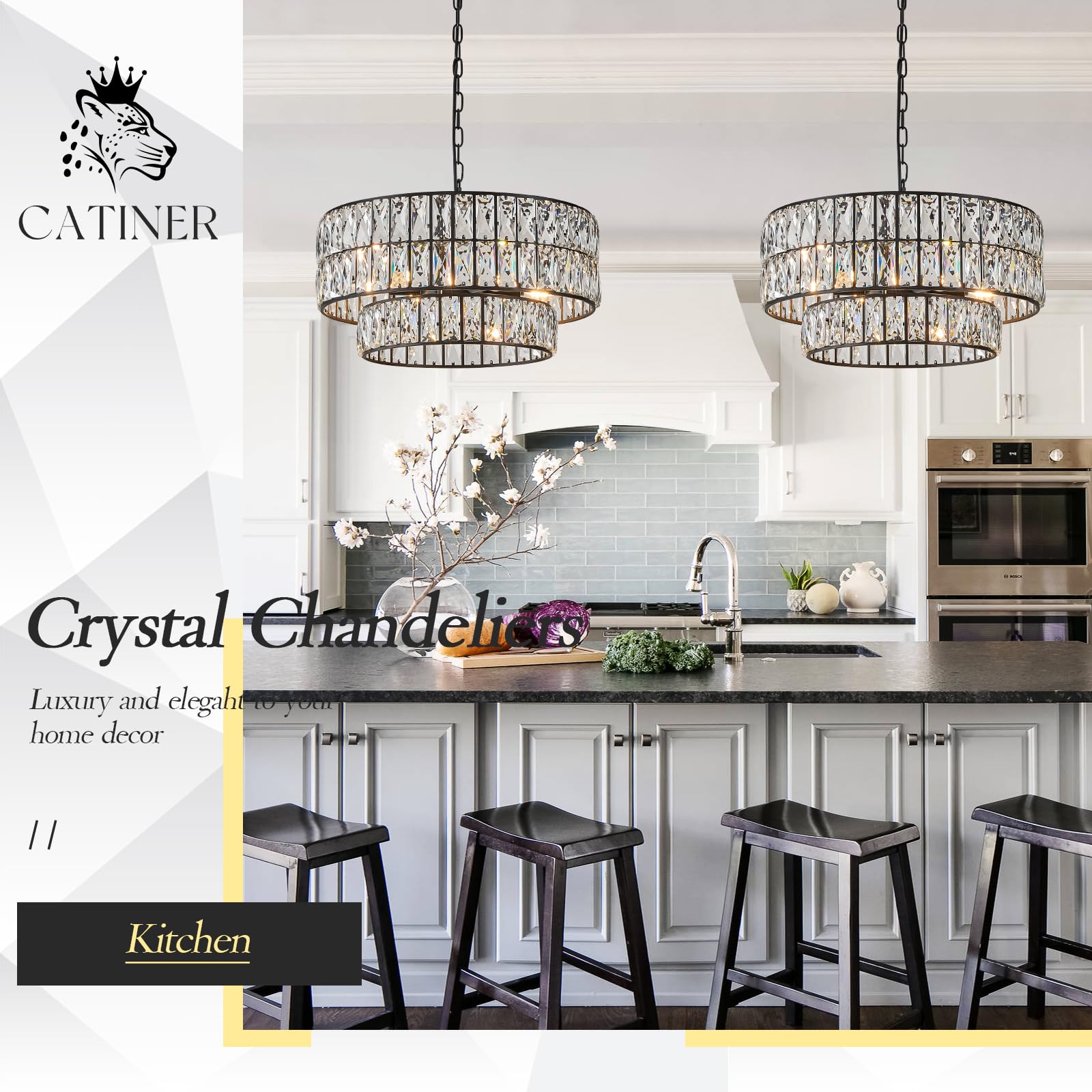 CATINER Black Crystal Chandelier, 6-Lights Luxury Pendant, 20'' Metal Drum Semi Flush Mount for Dining Room, Foyer, Living Room, Kitchen