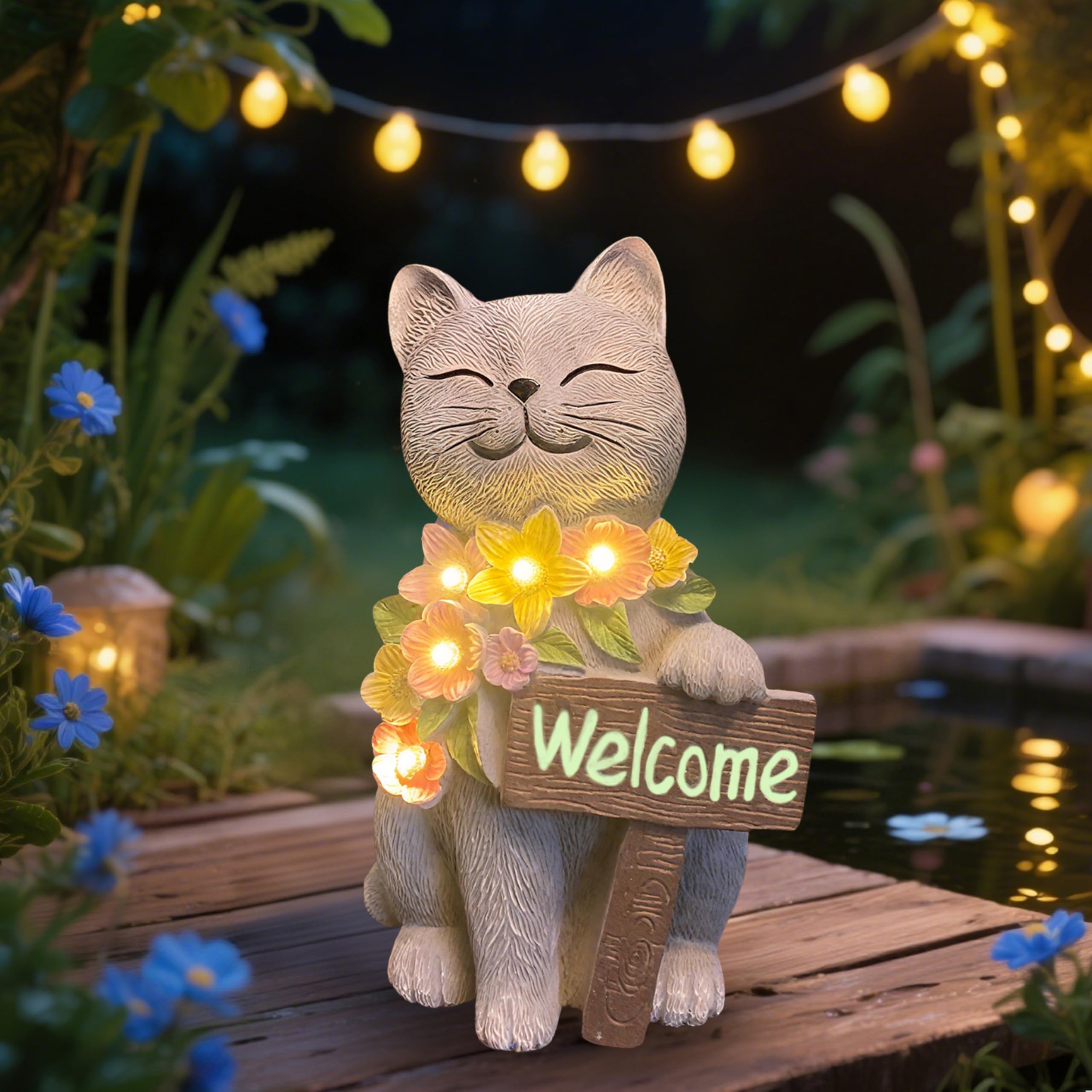 LEAESMHR Solar Cat Garden Statue for Outdoor Decor  Cat Solar Light with Flowers  Resin Welcome Cats for Garden  Yard  Lawn Decor  Cats Lover Gifts for Women