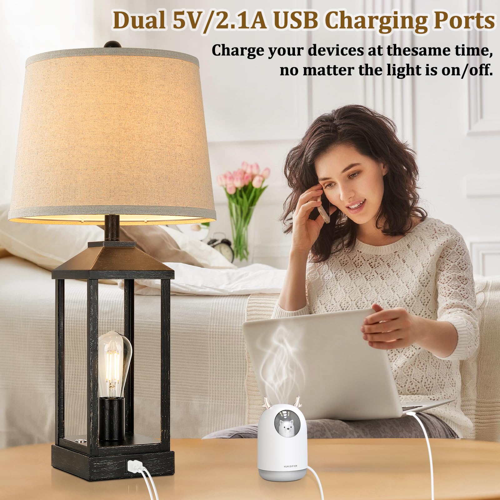 Black Bedside Table Lamp For Living Room, 3-Way Dimmable Touch Control Modern Nightstand Lamp With 2 Light, 28'' Rustic Farmhous