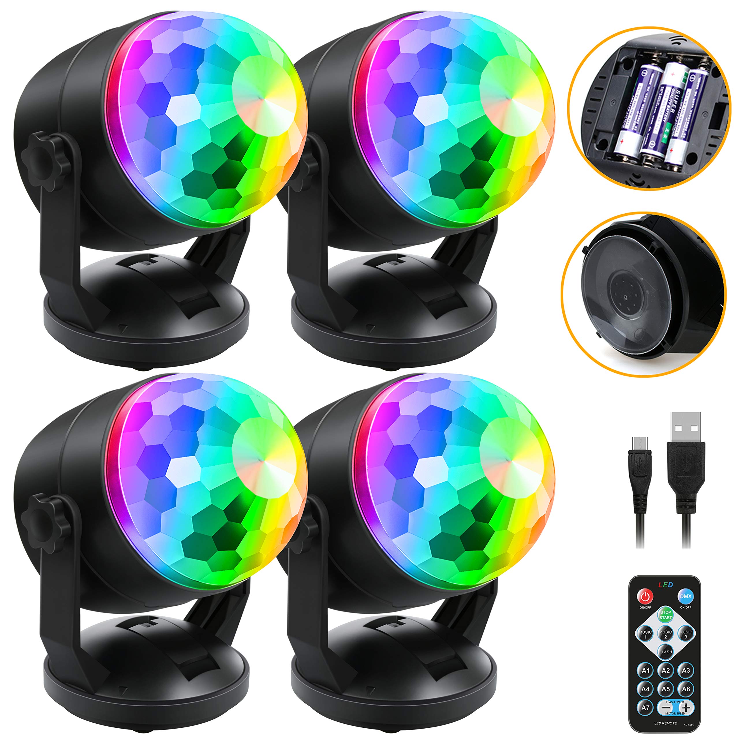 Luditek 4-Pack Disco Ball Light, Sound Activated Party Lights w/Remote Battery Powered USB Portable DJ Strobe Light, Party Suppl