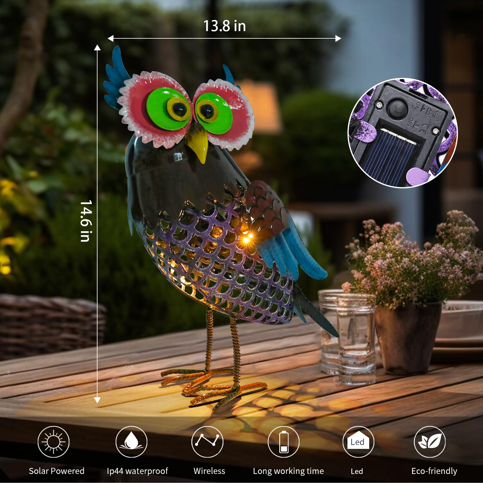 MUMTOP Solar Lanterns Outdoor Waterproof - Colorful Metal Owl Solar Lights Decorative, Hollow Out Owl Light Tabletop Lantern Lam