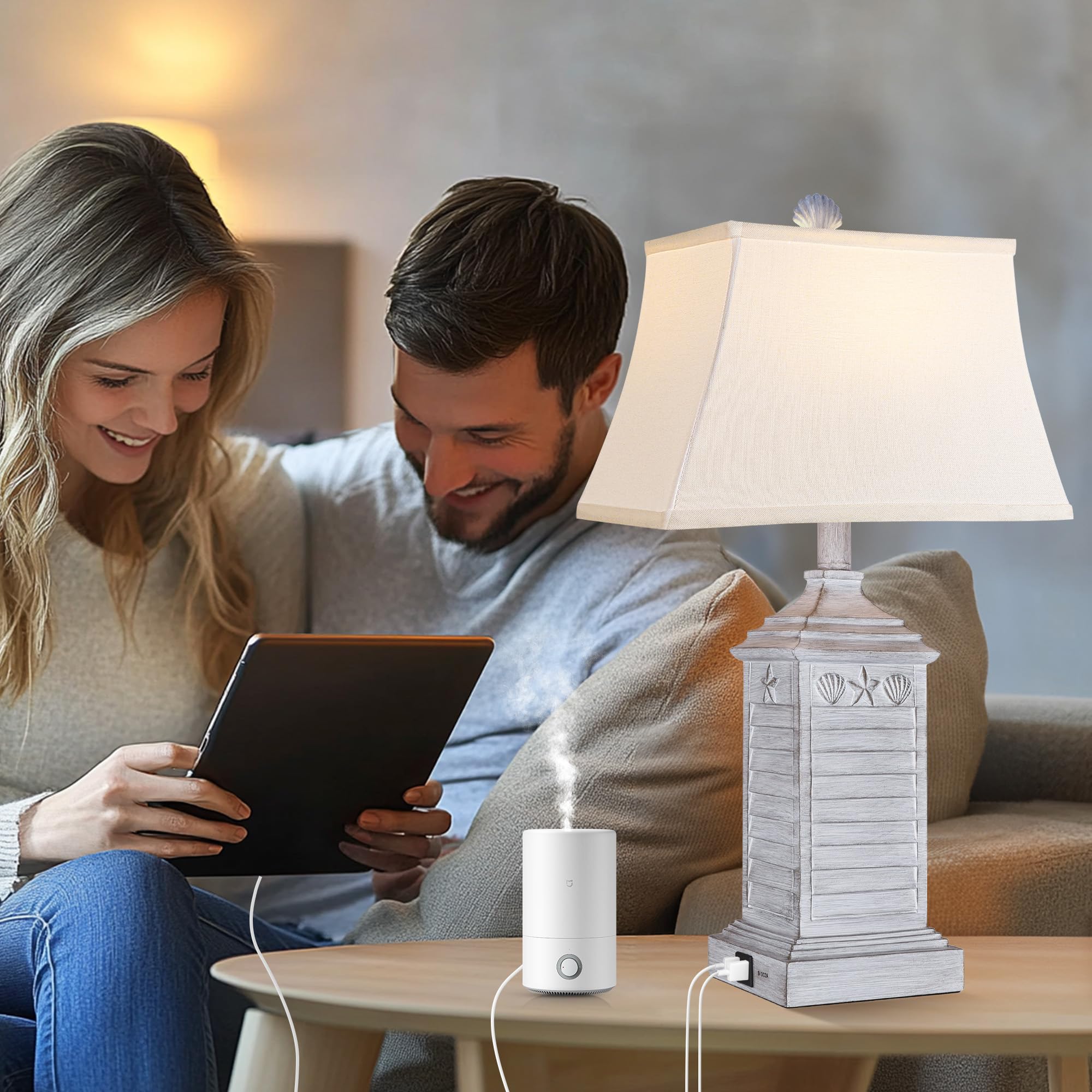 Hamucd Coastal Table Lamps Set of 2, Antique Grey Resin, USB A+C, 3-Color Temperature, Nautical Bedroom Decor, Model STR-DL-0116