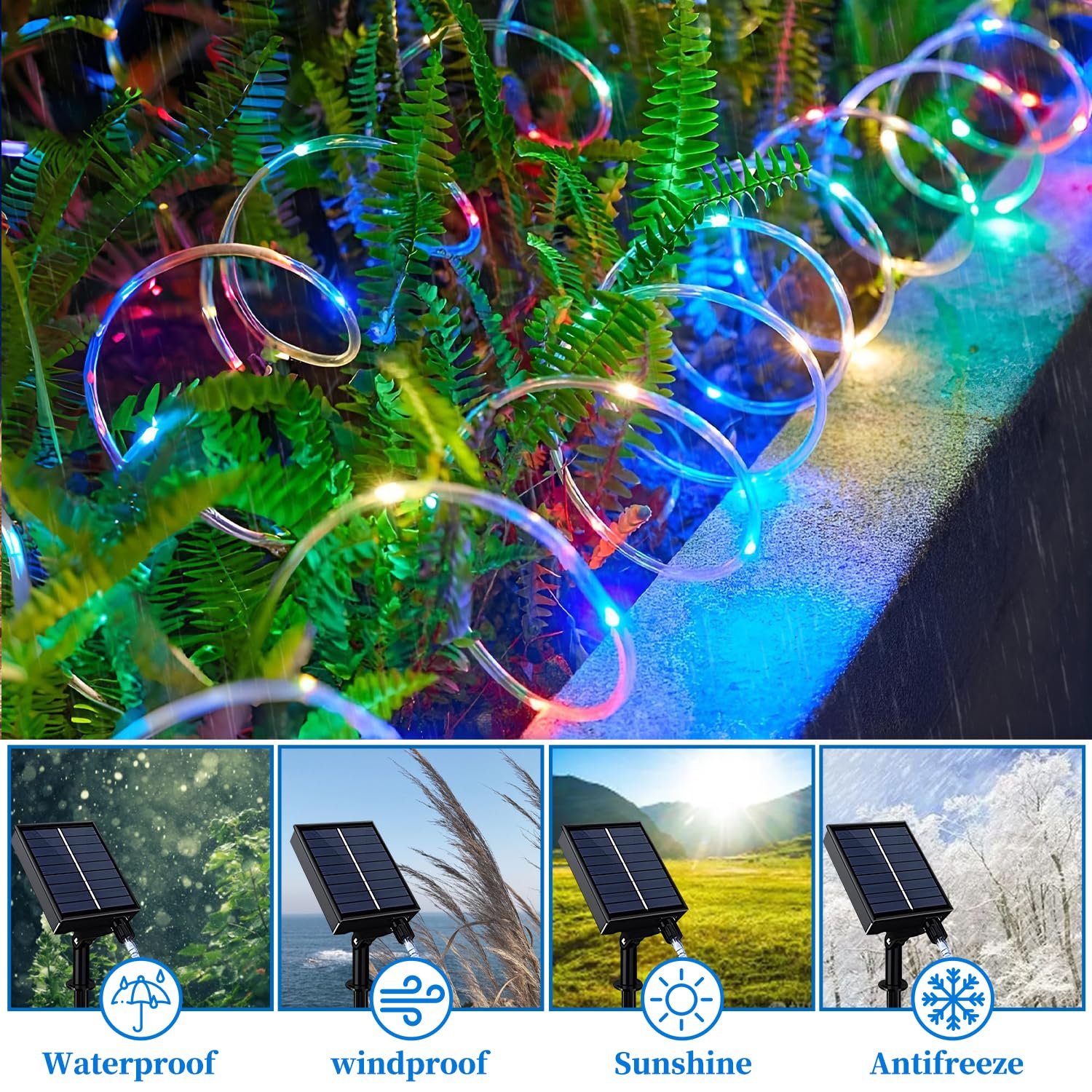 ANJAYLIA Solar Rope Lights 66FT 200 LED Multicolor Waterproof String Lights with Timer Remote, Model String Lights-5