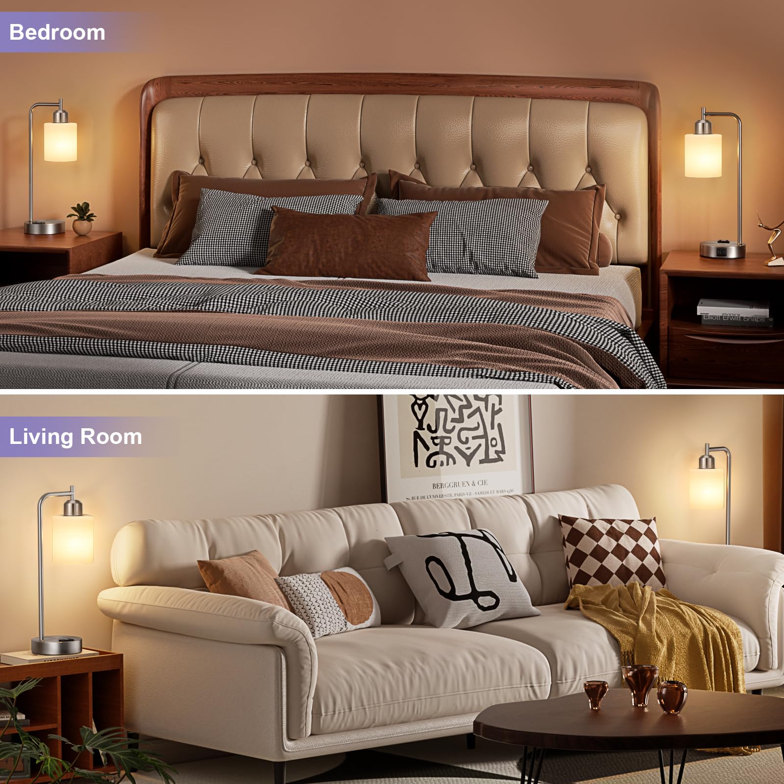 Innqoo Industrial Nickel Table Lamps For Bedrooms Set Of 2-3-Way Dimmable Desk Lamp With Usb C+A Ports And Outlet, Sliver Lamps