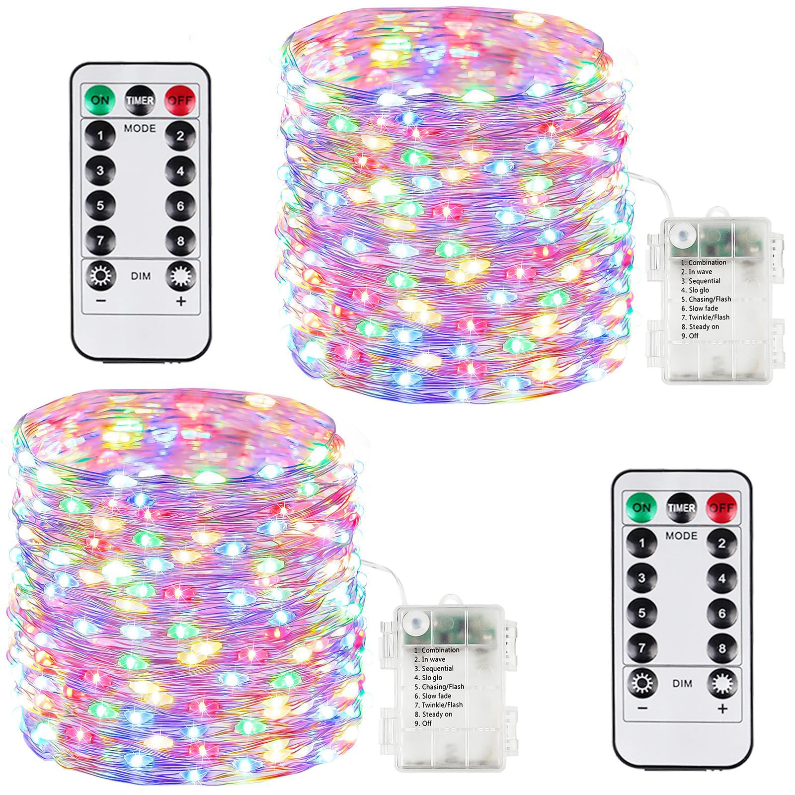BOSSERN 2 Pack 100LED Fairy Lights with Remote, 8 Modes, Timer, Dimmable, Waterproof, Multicolor