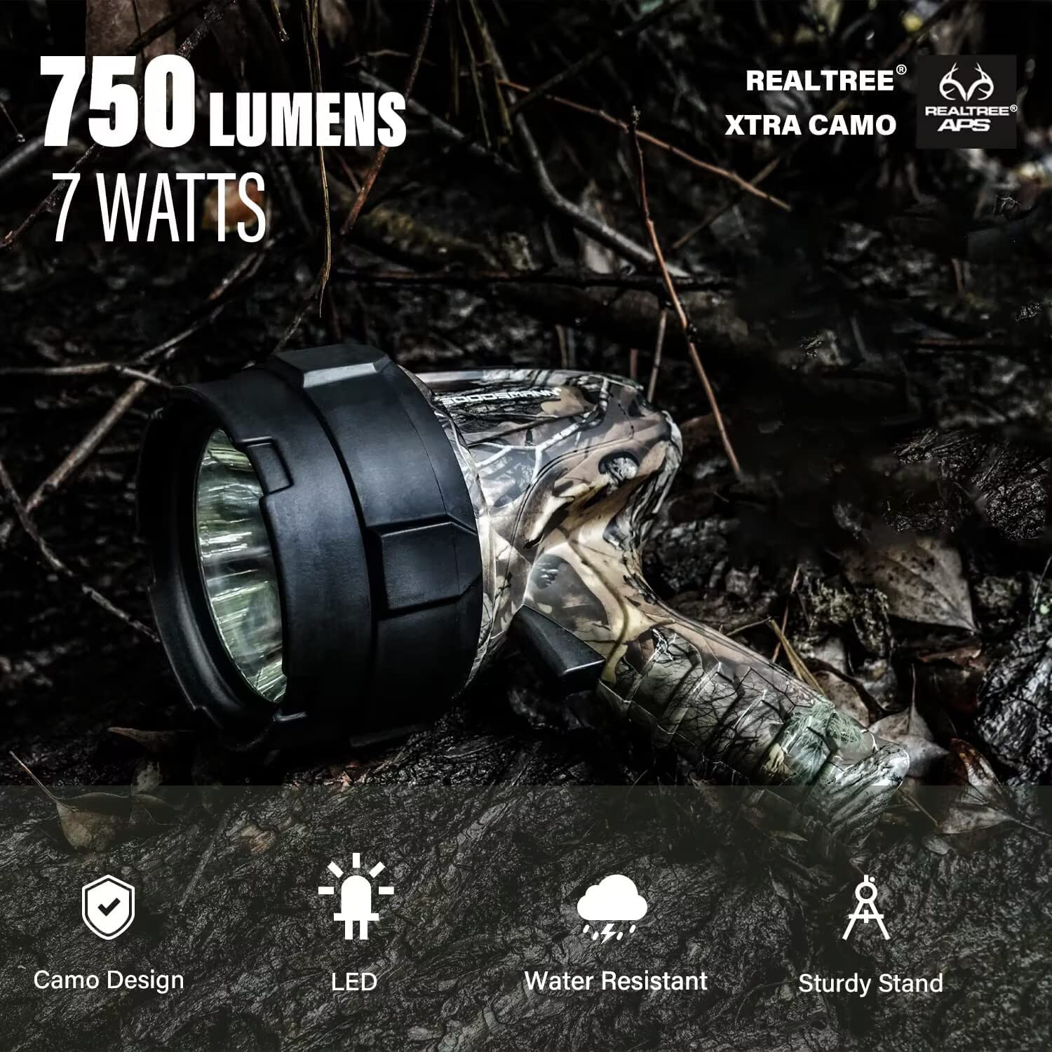 GOODSMANN Realtree Xtra Powerful 750 Lumen Bright LED Handheld Portable High Intensity Lithium Rechargeable Flashlight/Spotlight