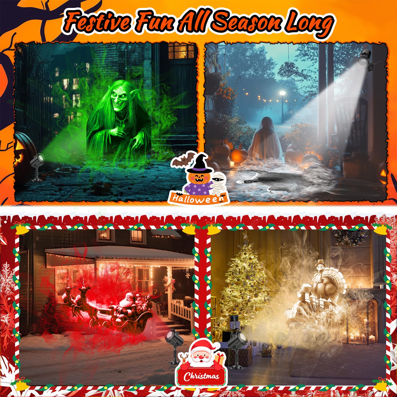 12 In 1 Christmas Thanksgiving Projector Light Outdoor  3D Dynamic Christmas Decoration 4 Color  Waterproof Projector Light With Thanksgiving Turkey Santa Joy Snowman For Home Window Holiday Decor