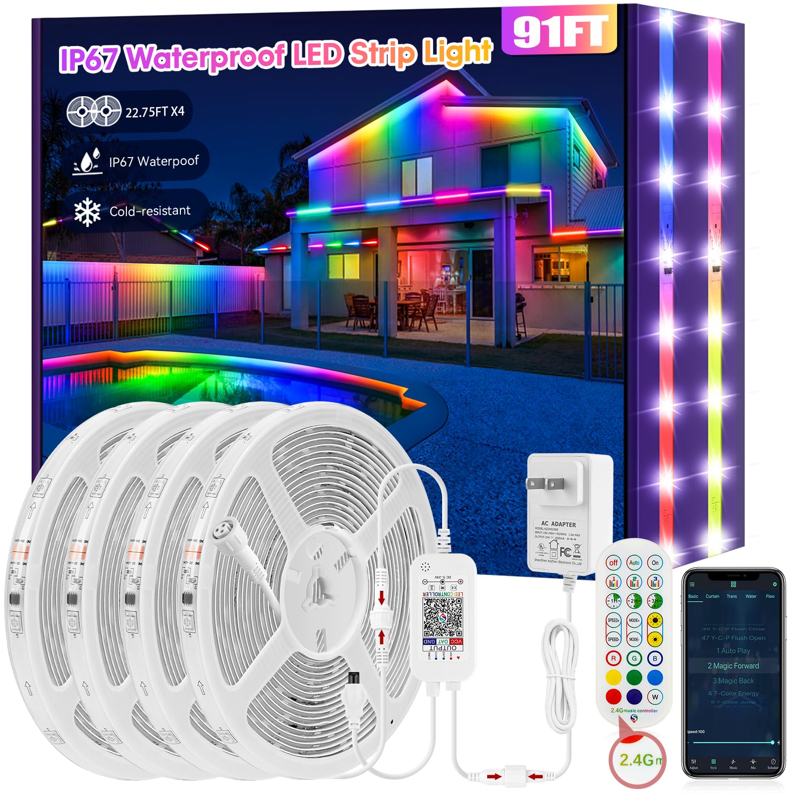 Skzlibry 91FT IP67 RGB+IC Outdoor Led Band Lights Waterproof Led Light Bands with RF Remote &Bluetooth Music Sync App Control Color Changing (RGB+IC  560LED)