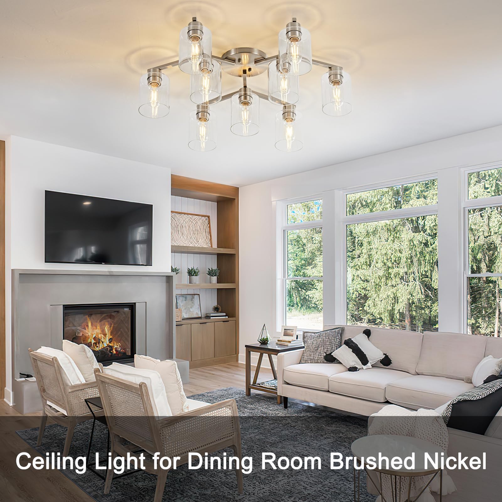 Diduio Brushed Nickel 9 Light Dining Room Ceiling Light Fixture Large Semi Flush Mount Ceiling Light Fixture Kitchen Lighting Fixtures Ceiling Light For Living Room With Clear Glass Shades