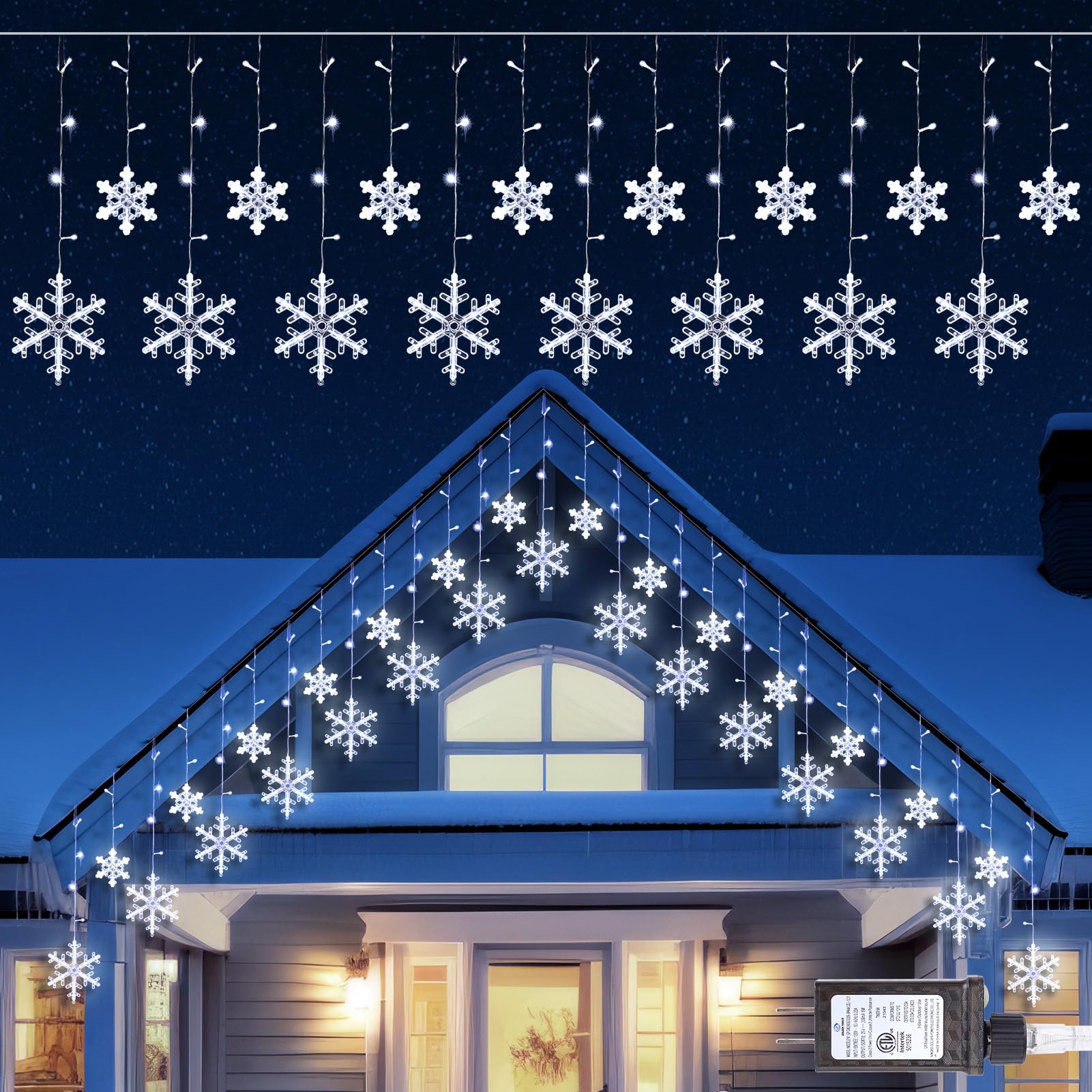 Minetom Christmas Snowflake Lights - 13ft 192LED Snowflake Icicle Lights with 16 Drops, 12 Modes and Timer, IP65 Waterproof Conn