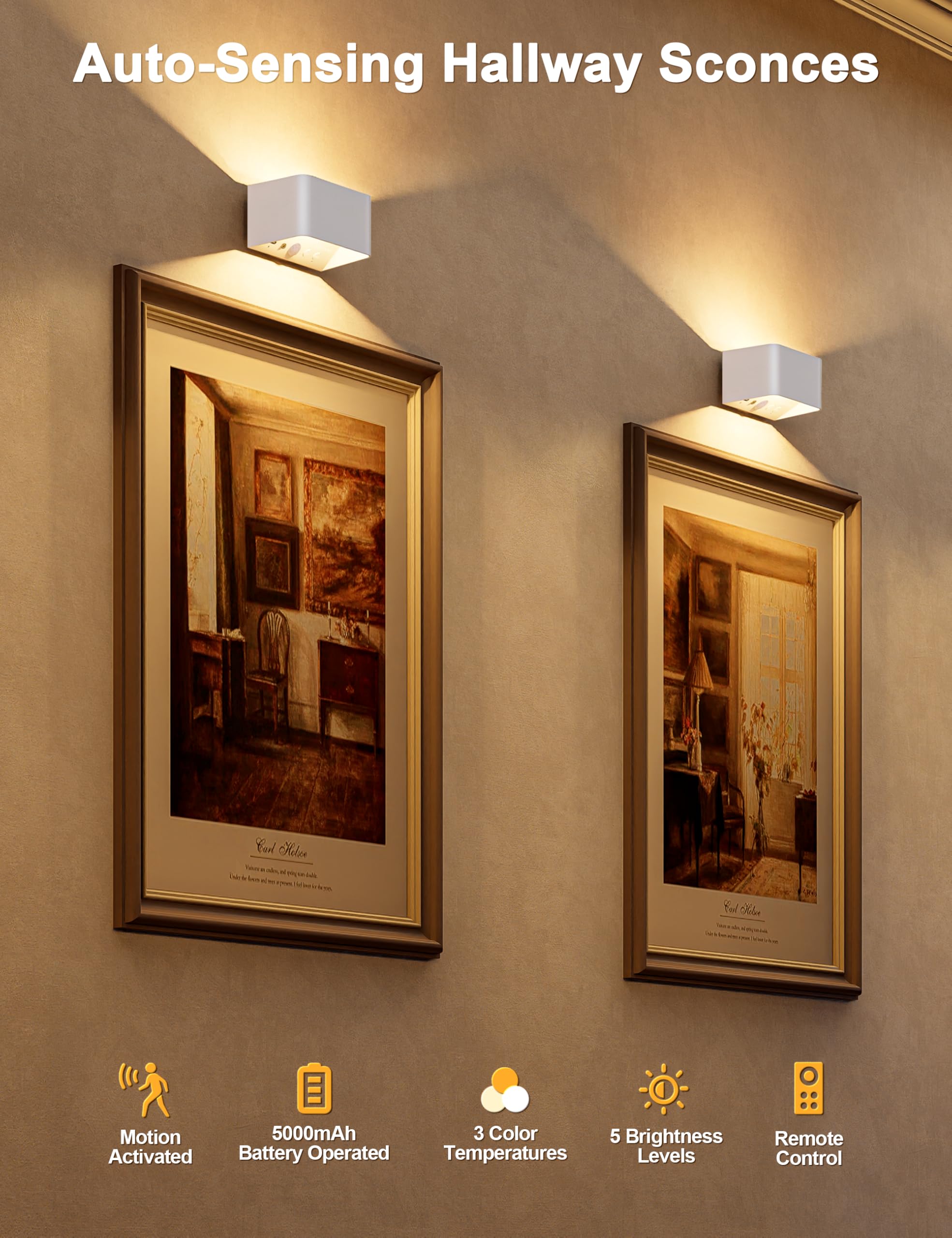 NIORSUN Motion Sensor Wall Light, 3CCT Dimmable, Rechargeable, White, 2 Pack, Model B003, Battery Operated