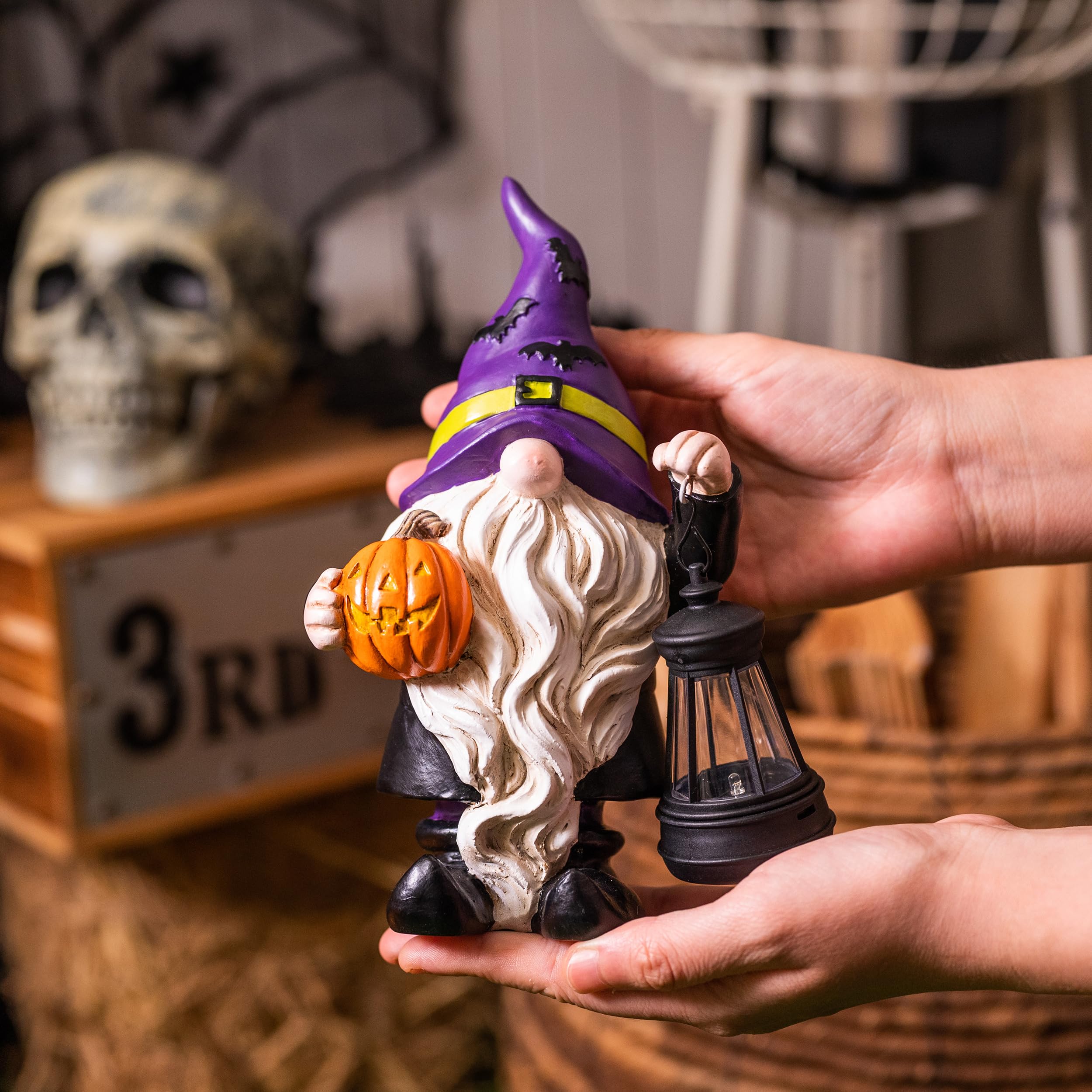 TeresaS Collections Halloween Decorations Garden Gnomes Statues With Solar Lights Cute Purple Bat Hat Resin Decor With Lantern For Home Table Outdoor Yard Pumpkin Jack-O-Lanterns Gifts For Party 8