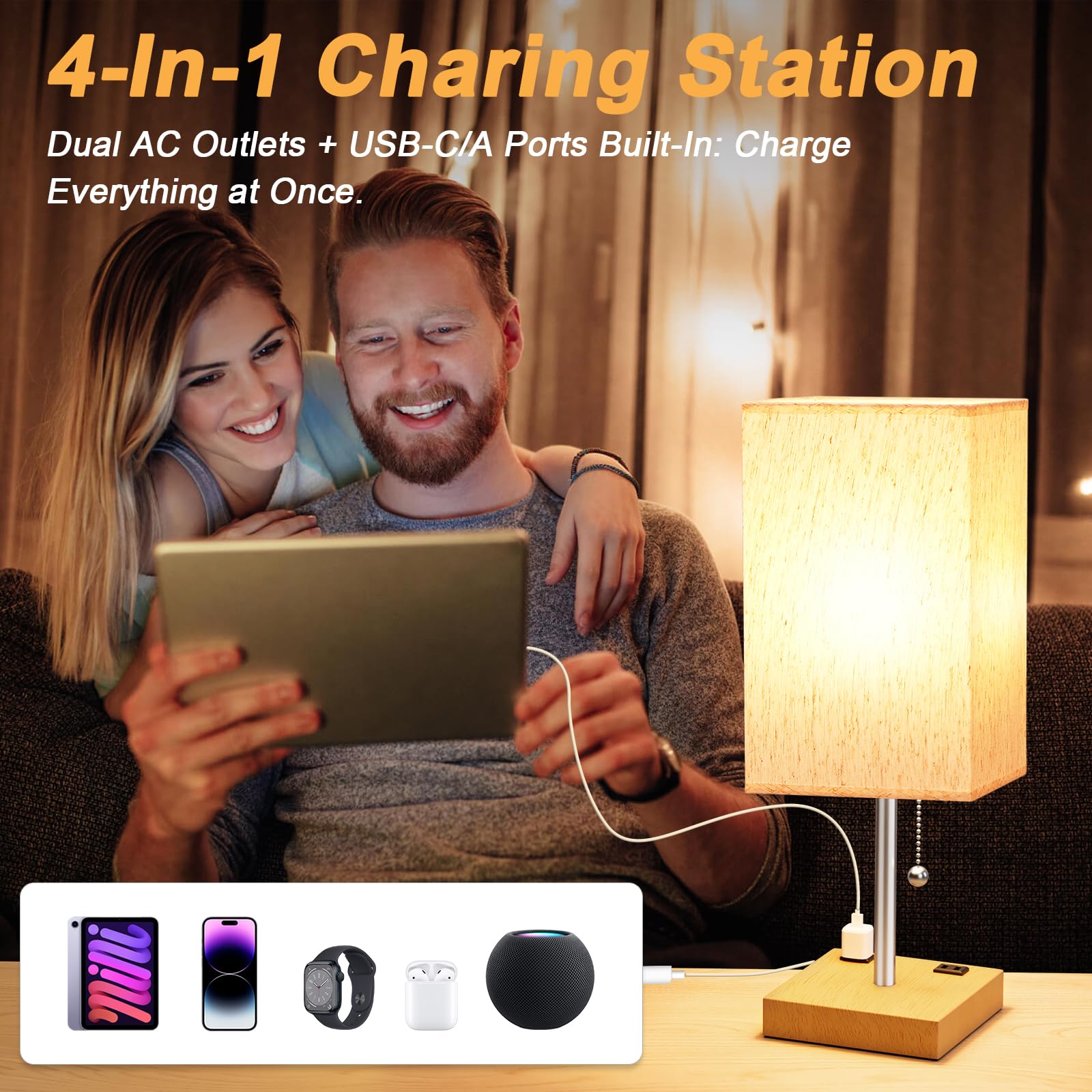 Cream Bedroom Table Lamps Set Of 2 - Bedside Lamps For Nightstand, Minimalist Night Stand Light With Square Fabric Shade, Desk R