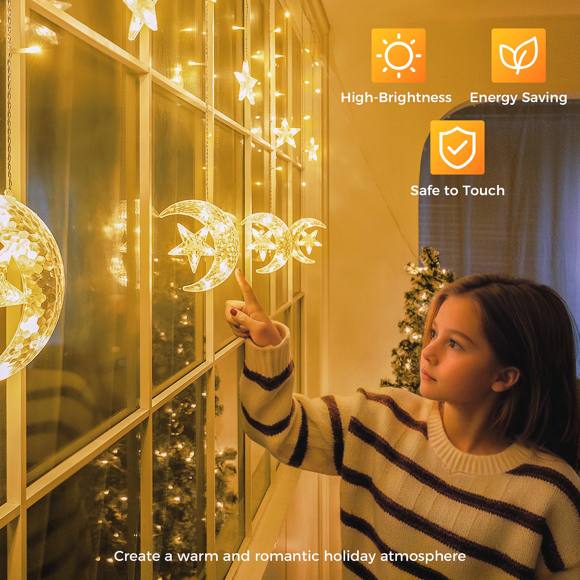 Qunlight Ramadan Decorations Curtain Lights,10.8Ft 138Led Curtain Lights Outdoor Waterproof With 12 Drops, 8 Modes With Timer Co