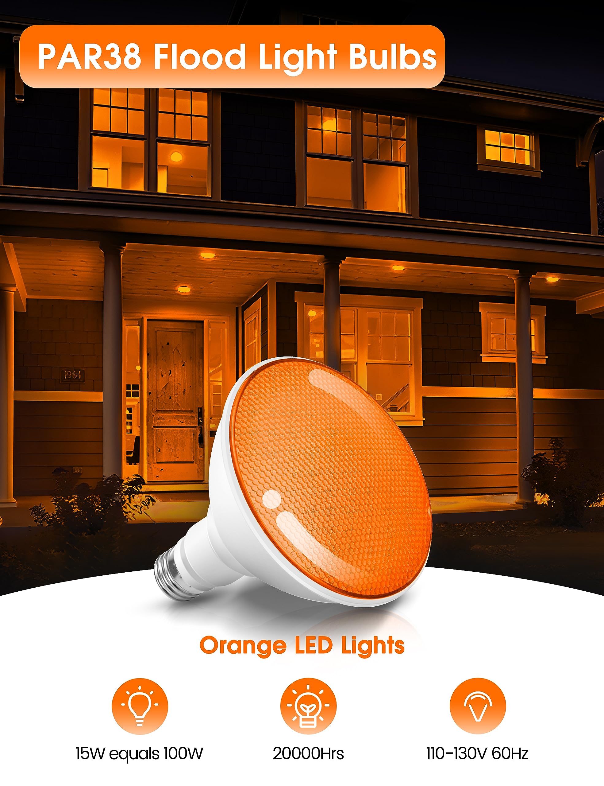Fulighture Par38 LED Light Bulbs, 15W (100W Equivalent), 2 Count, Orange, Not-Dimmable, Halloween/Christmas Decorations