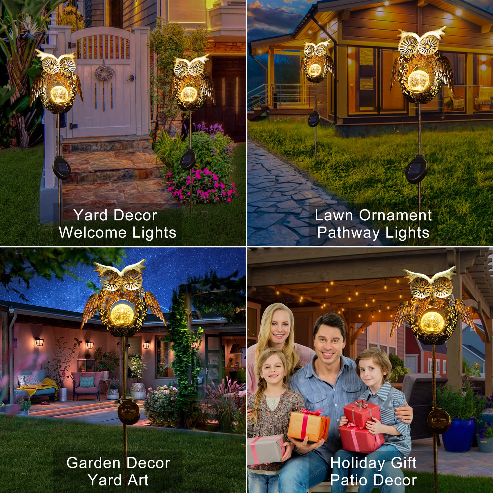Go2Garden Solar Lights Outdoor Owl Decorative Metal Stakes Lights Crackle Glass Light For Lawn, Yard Art, Pathway, Patio Decorations,Birthday Mothers' Day Gift For Mom Dad Grandma (Bronze)