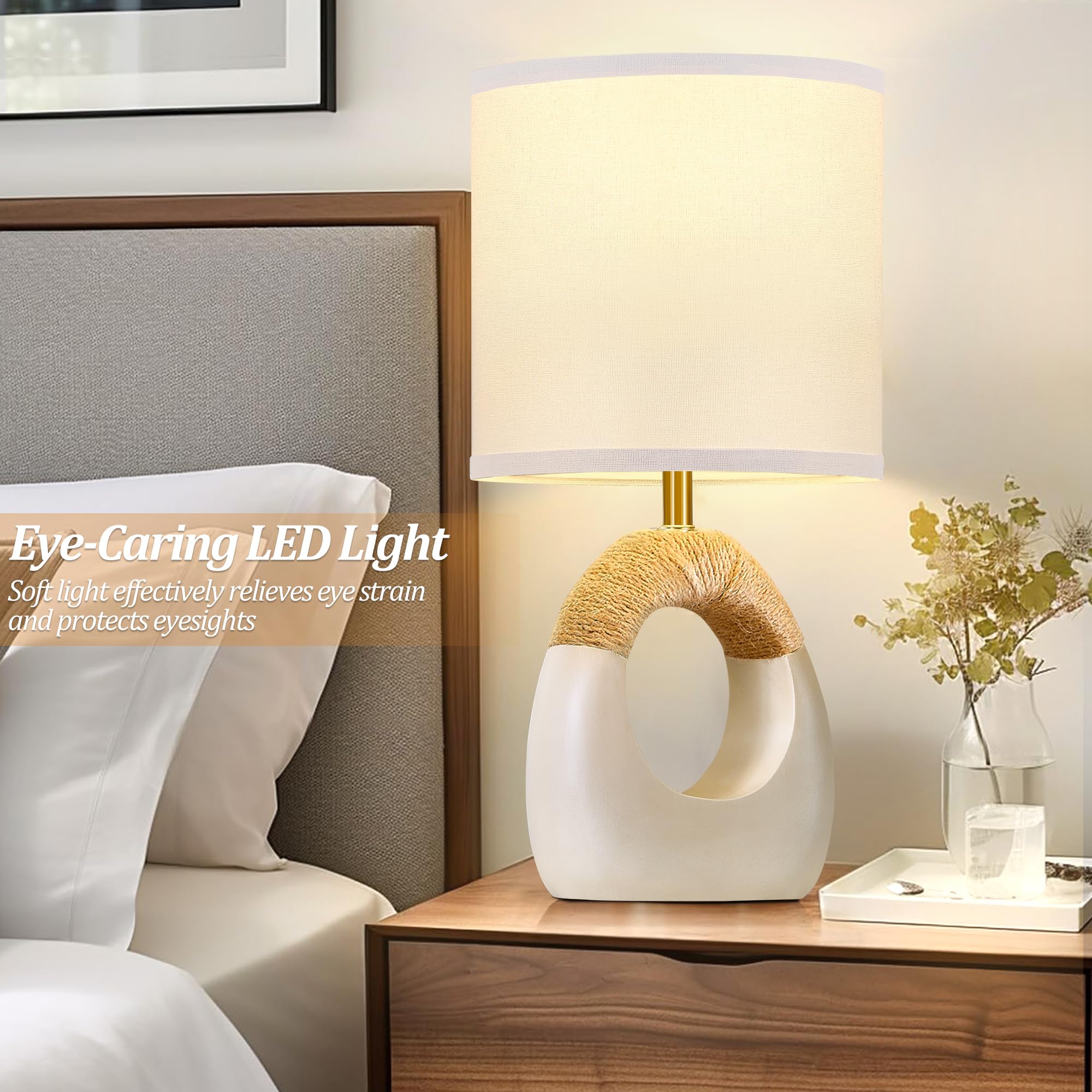 Ejiaxin Table Lamp For Bedroom Set Of 2 - Bedside Table Lamps With 3 Color Temperatures - Boho Rattan Lamps For Nightstands Smal