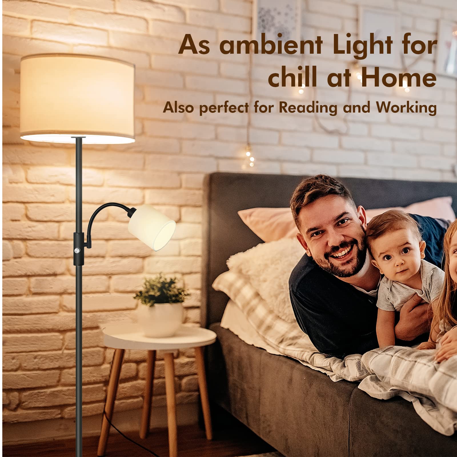 Auquee Floor Lamp Standing Lamp, Modern Living Room Lamp With Reading Lamp, Bright Boho Lamp With White Lamp Shade, 3-Way Rotary