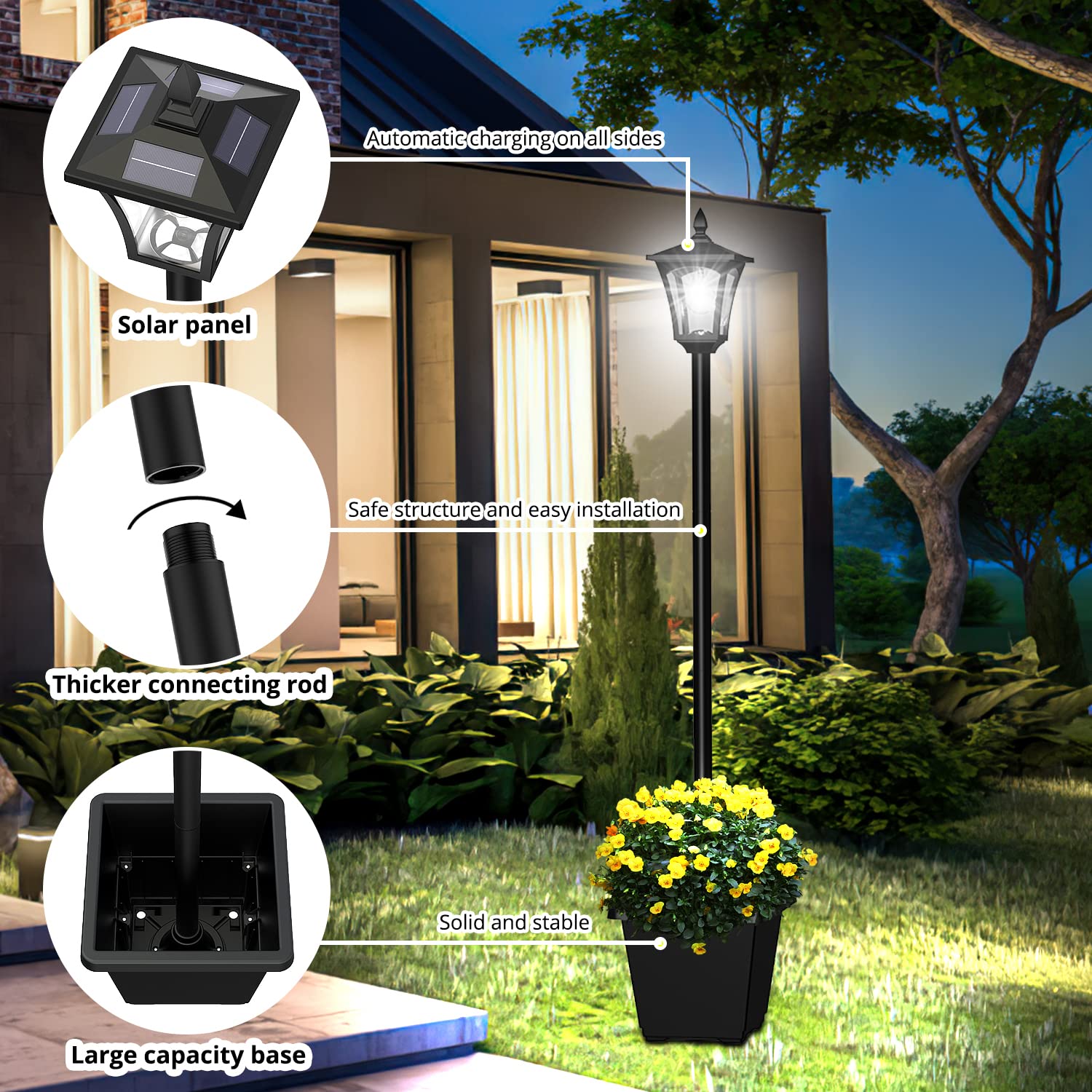 Icerona 64 Inch Outdoor Solar Lamp Post With Planter, 60 High Lumen Street Light, Waterproof For Pathway, Garden, Driveway, Lawn