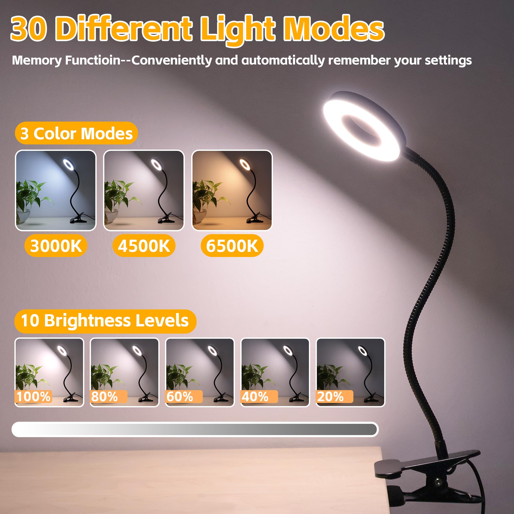Foneso Clip-On Desk Lamp - 48 LED, 3 Color Modes, 10 Brightness Levels, 360° Flexible Gooseneck, Black, Model 1