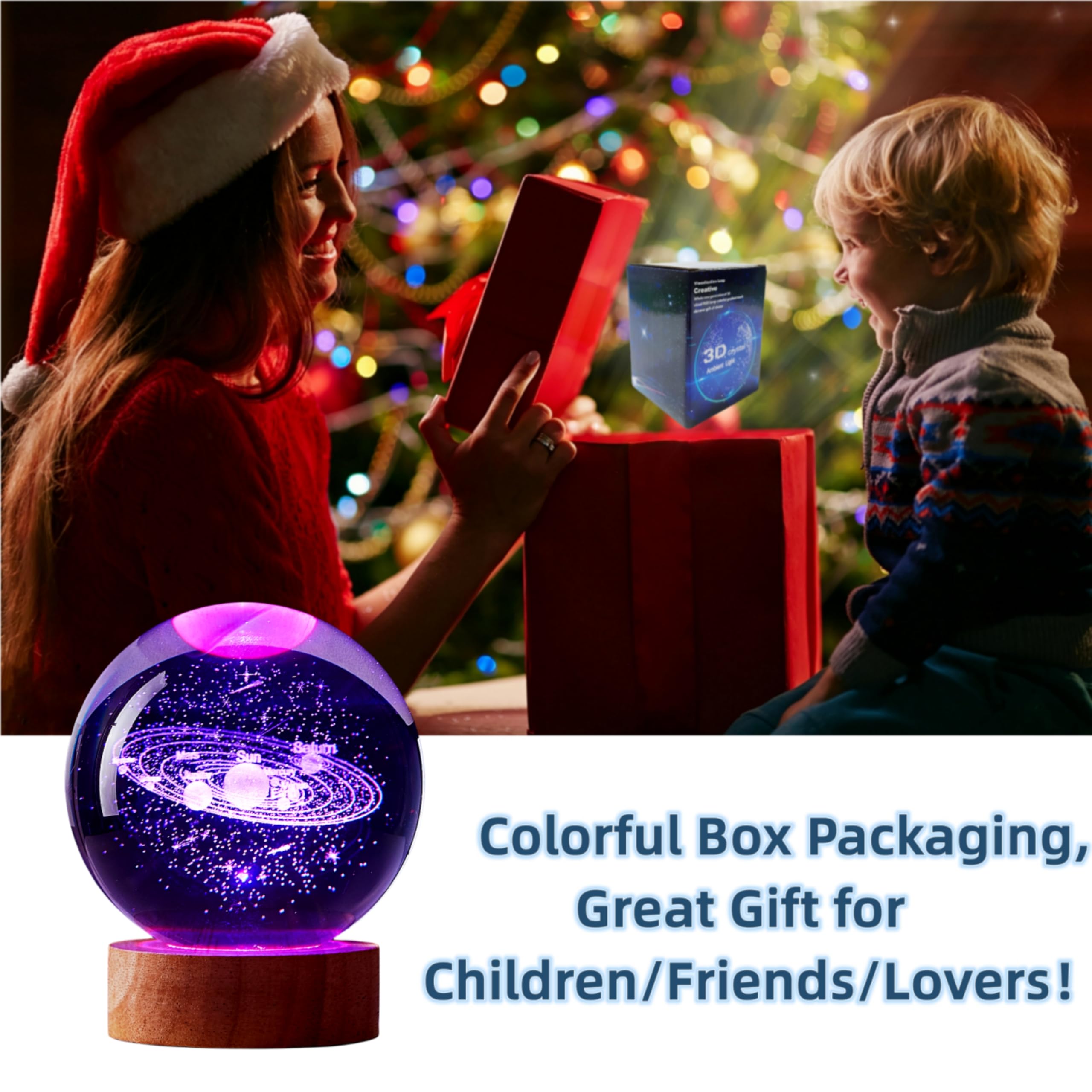 Digfpwt 3.15 Inch Solar System Crystal Ball Lamp,3D K9 Crystal Ball Night Light With Wooden Base,16 Colors Change With Remote Co
