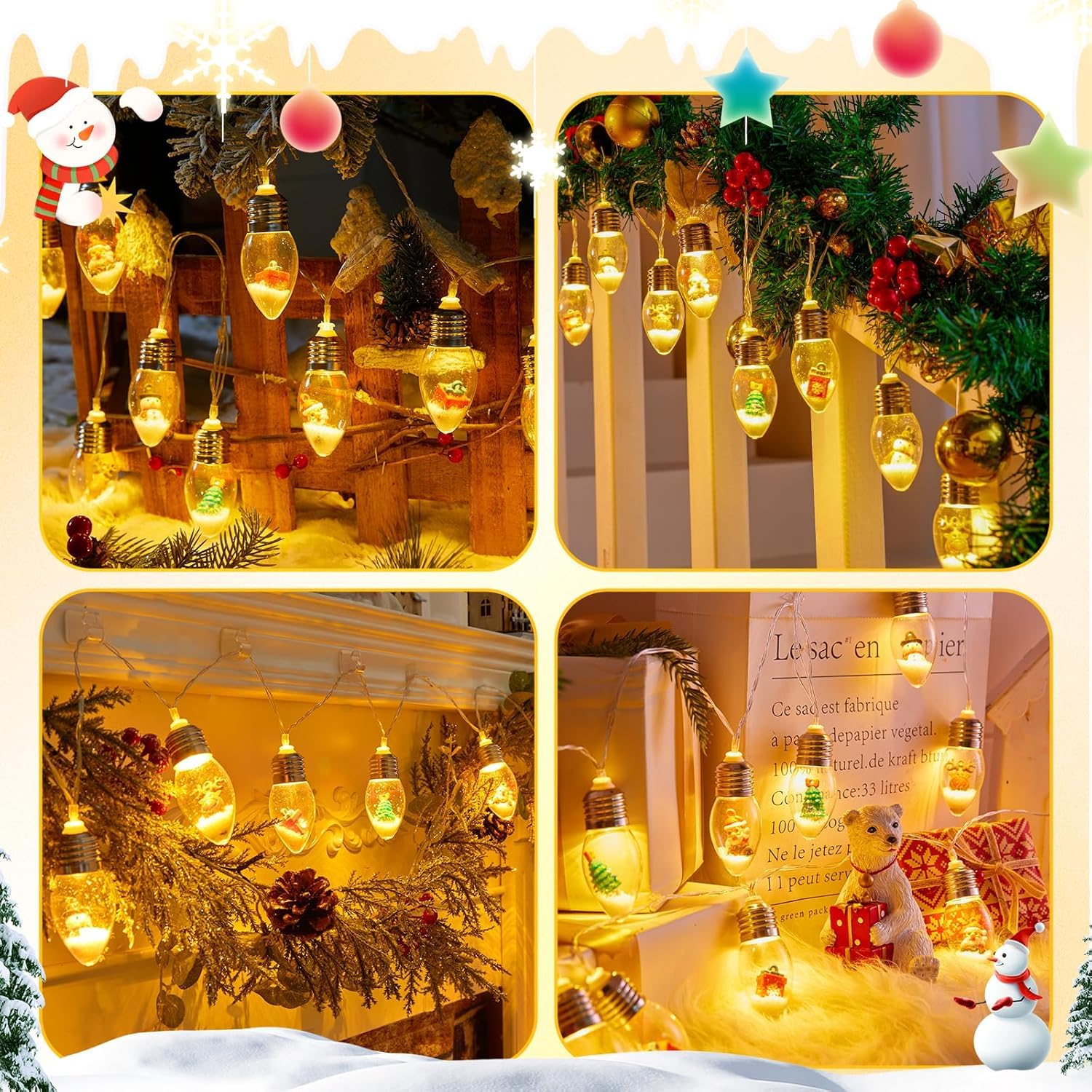 Brightown Indoor Christmas Lights, 7.5FT Battery Powered, Warm White, Acrylic, Santa & Ornaments, Ideal for Tree & Party Decor