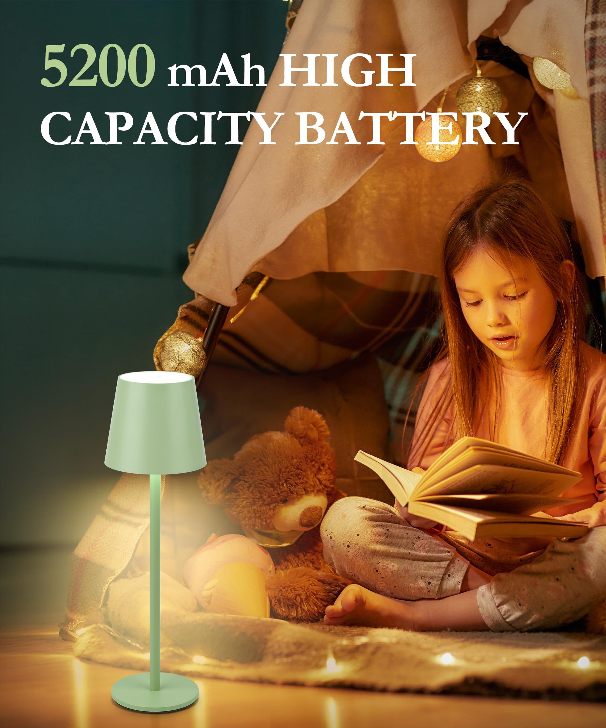 Faithorse 2Pack Cordless Table Lamp, 5200mAh IP54 Waterproof Rechargeable Battery Desk Lamp, 3 Color Stepless Dimming Up, Batter