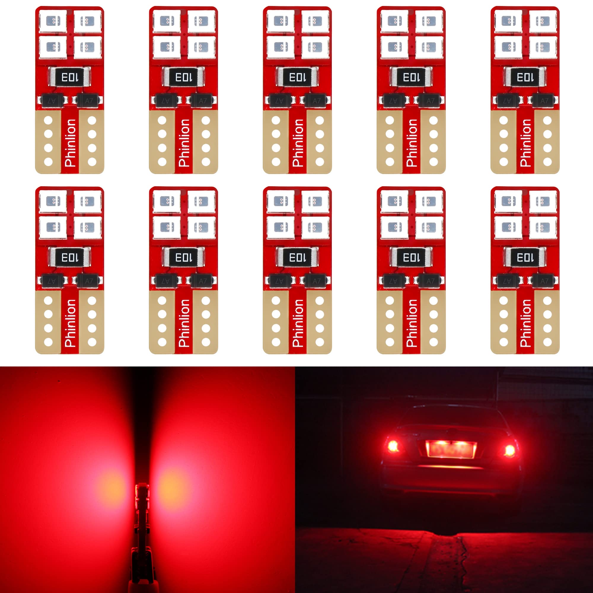 PHINLION 12V T10 Red LED Light Bulbs, 8-SMD Wedge Replacement for Car Interior, Pack of 10, Model T10-2835-8SMD